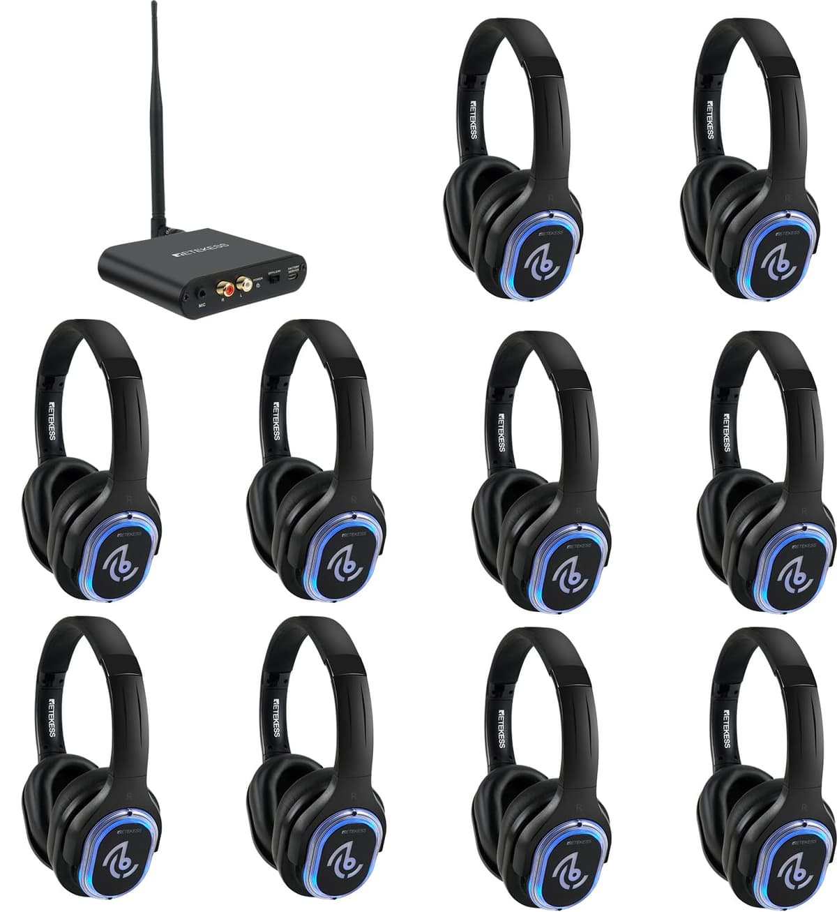 Retekess TA003 Sistema de audífonos Silent Disco (paquete de 10), 3 canales, LED, recargables TA003-TA004
