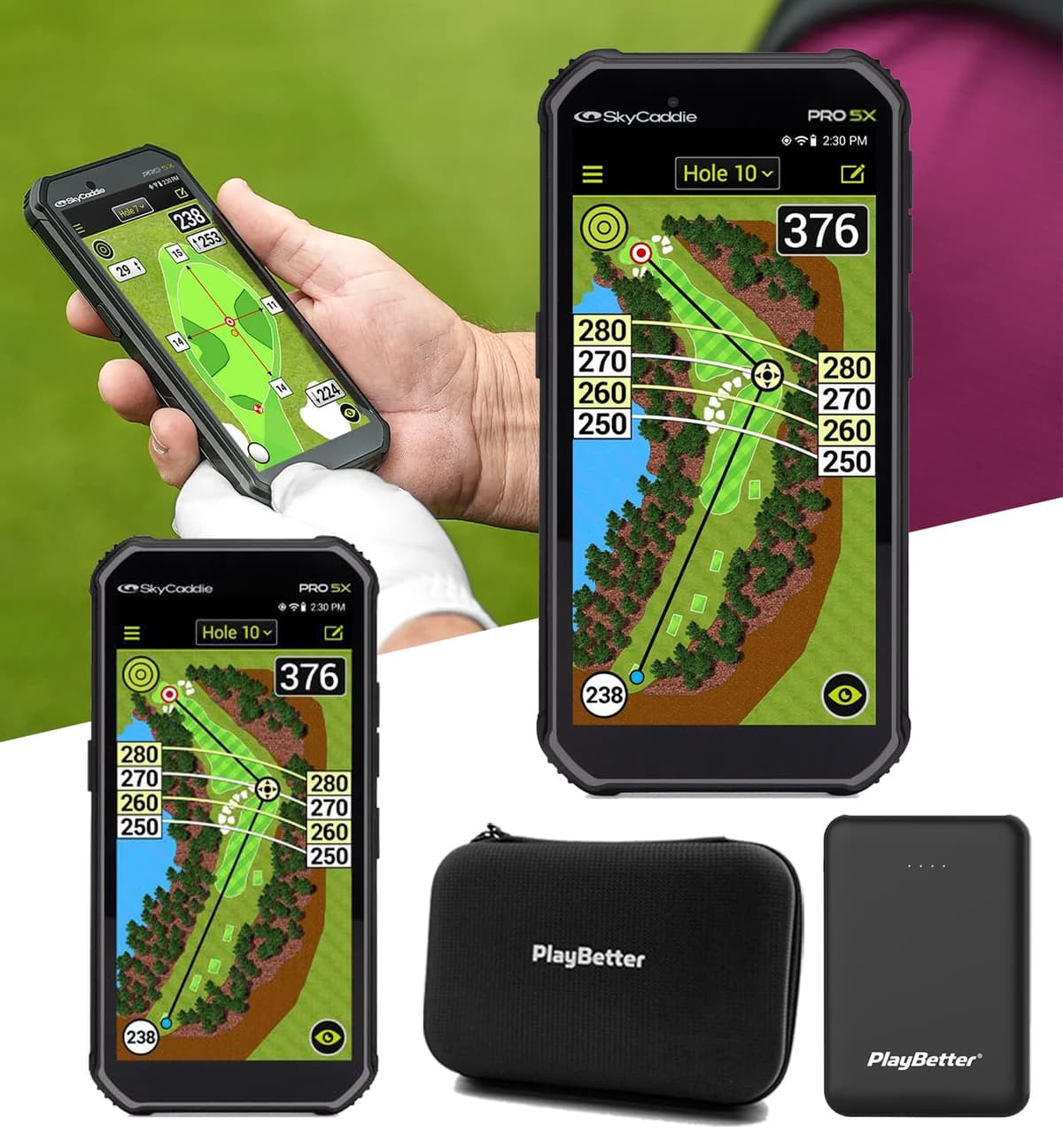 SkyCaddie PRO 5X GPS de Mano para Golf - Paquete Power con Cargador Portátil PlayBetter y Estuche Rígido Protector - Tecnología de Posicionamiento Precision TruePoint - Pantalla de 5.5", 35,000 Mapas, HoleVue Dinámico PRO 5X (GPS) | Z05 (Charger)