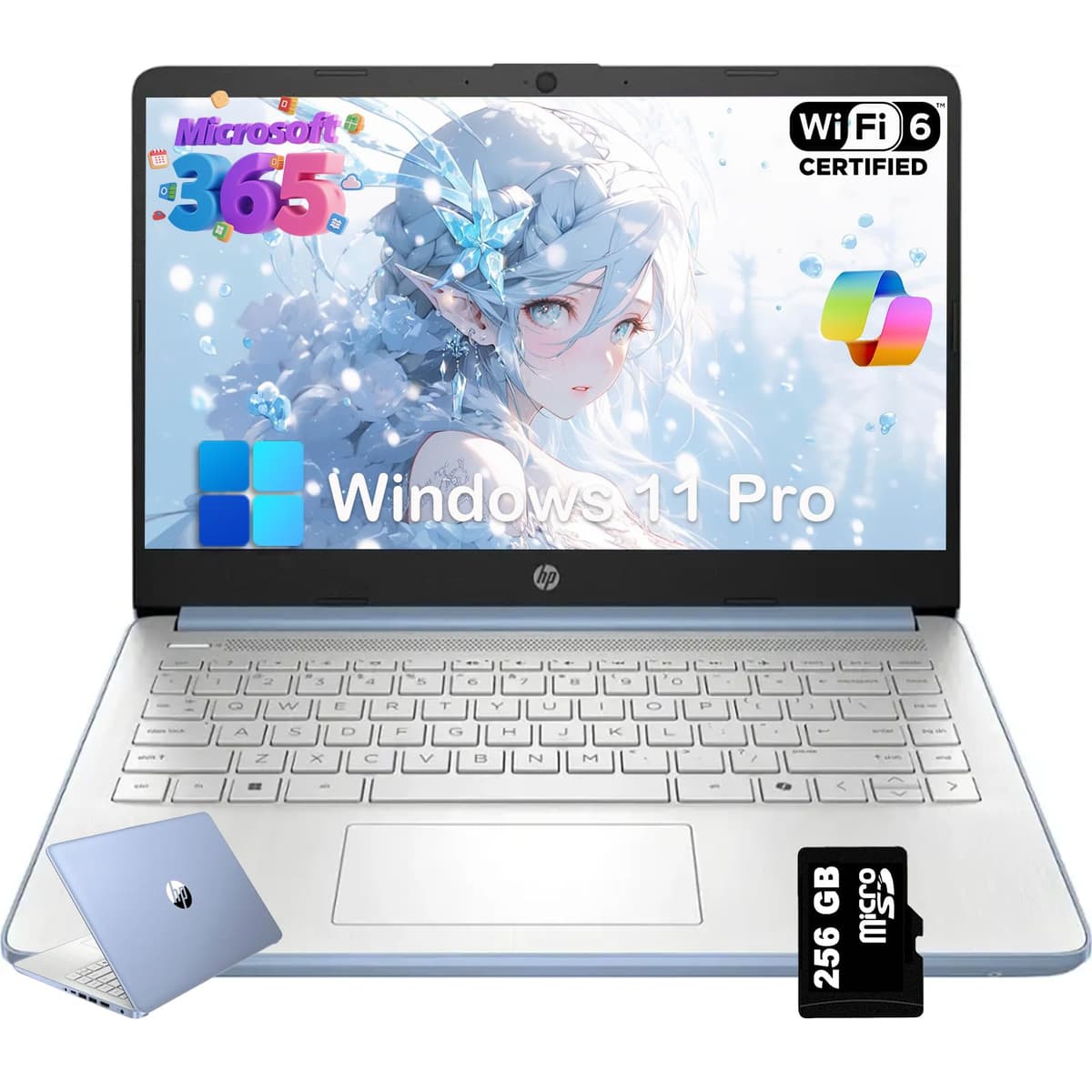 HP 2025 Nuevo Laptop de 14" para Estudiantes y Negocios - Impulsado por IA, Office 365 1 Año, CPU Intel Quad-Core, Ultra Ligero, 16GB RAM, 384GB Almacenamiento (128GB UFS + 256GB Tarjeta SD), Pantalla LED 14", Win 11 Pro, Azul Cielo N150
