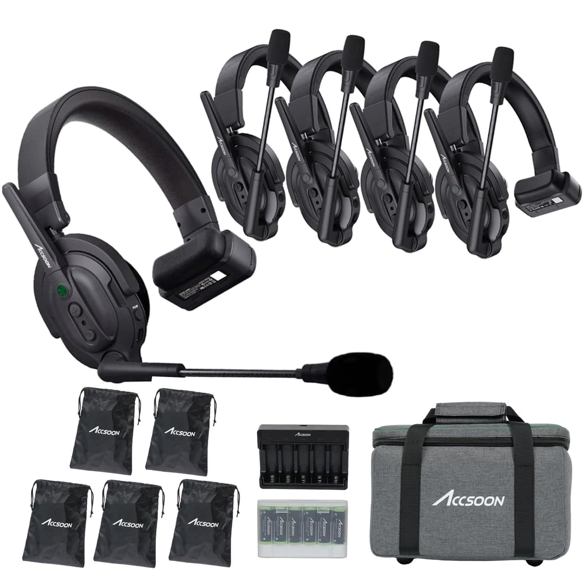 Accsoon Como MIC02-1H4R Sistema de Intercomunicación de Auriculares Inalámbricos para 5 Personas Dúplex Completo 400 m Comunicación en Equipo, Conecta hasta 9 Personas, Batería de más de 10 Horas Accsoon CoMo 1H4R