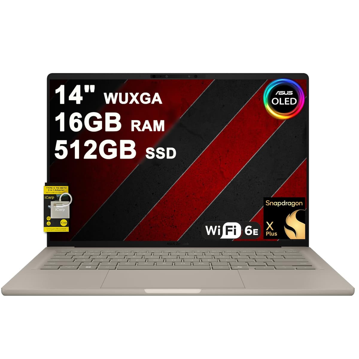 ASUS Zenbook A14 Portátil 14" WUXGA OLED (100% DCI-P3,600 nits HDR) Qualcomm Snapdragon X Plus de 8 núcleos (hasta 45 TOPS) 16 GB DDR5 512 GB SSD para Creadores Profesionales y Empresariales Win11 ICP Hub con Copilot+ AI