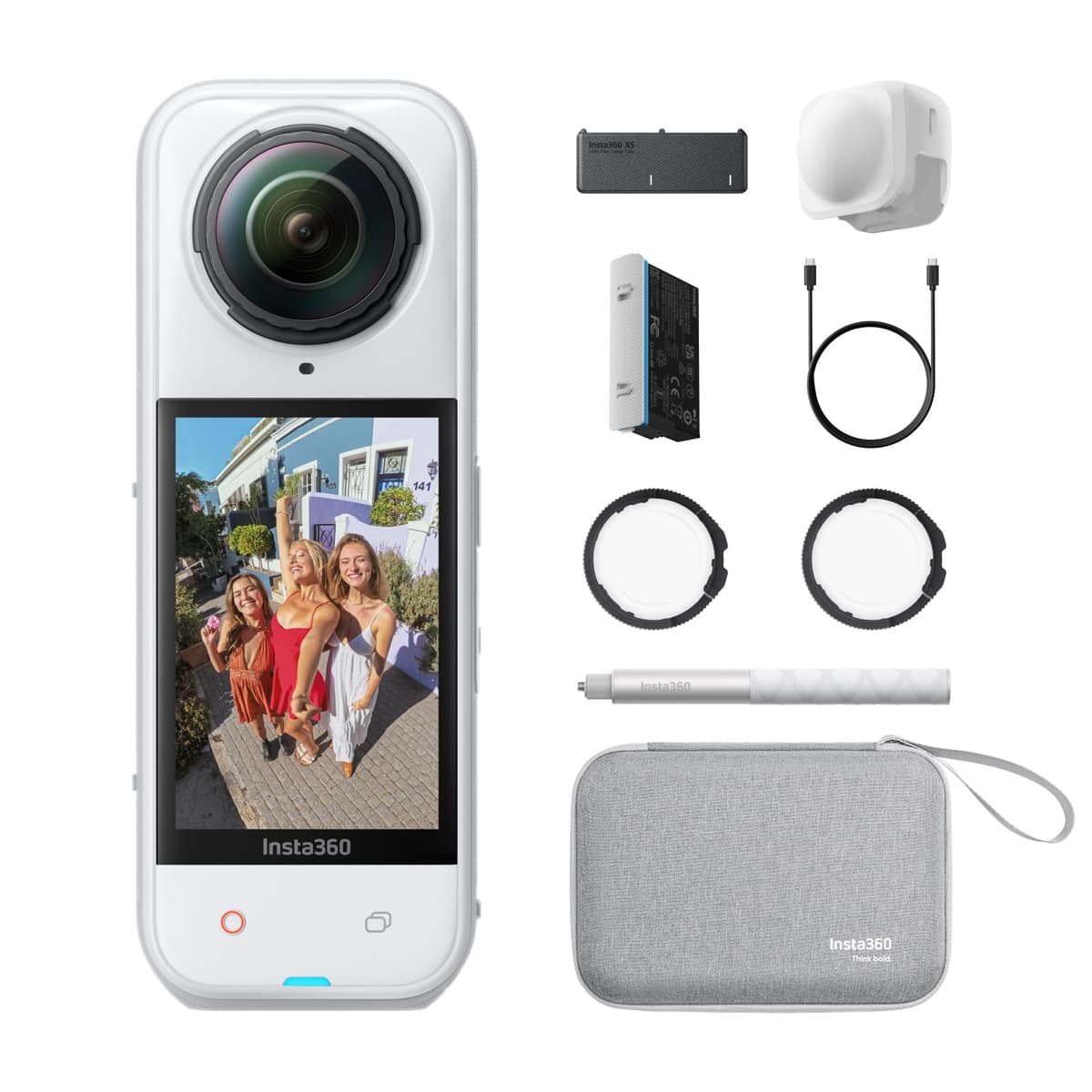 Insta360 X5 Essentials Bundle Satin White - Camara de Accion 360° 8K Resistente al Agua, Excelente Rendimiento en Poca Luz, Efecto Selfie Stick Invisible, Lente Reemplazable y Robusta, Bateria de 3 Horas, Protector de Viento Integrado CINSAAHA-DB-W