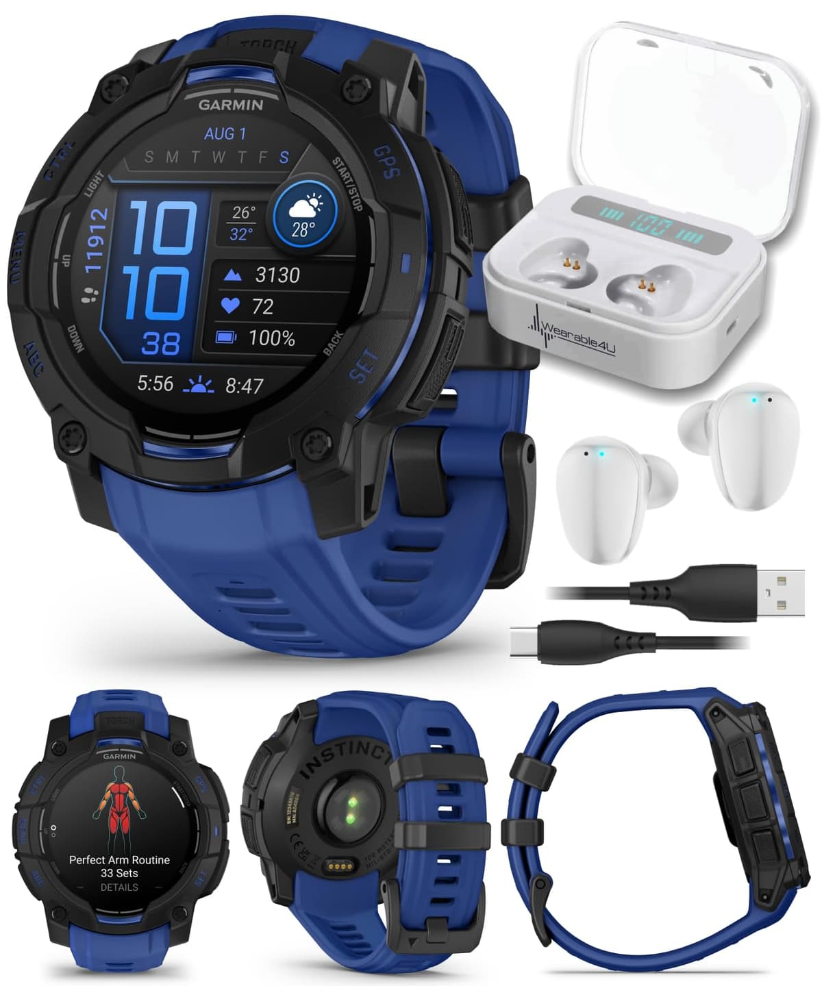 Garmin Instinct 3 Rugged Reloj Inteligente GPS para Exterior - 45 mm AMOLED, Colección Supernova, Edición Limitada, Seguimiento de Salud y Estado Físico, Linterna Incorporada, Azul Rayo/Negro con Auriculares Wearable4U Blancos Bundle TWS X7-1