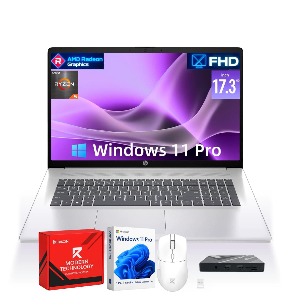 Laptop empresarial HP Flagship 17 - Windows 11 Pro, pantalla IPS anti-reflejo Full HD de 17.3", AMD Ryzen 5 7430U, 16GB RAM + 512GB SSD, cámara web, Wi-Fi 6, puertos USB A/C, HDMI, con accesorios Redragon HP 17 Laptop