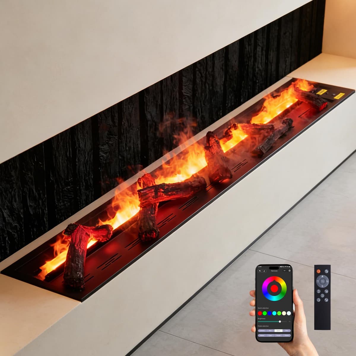 Lgghdm Chimenea de Vapor de Agua 3D Atomizadora Chimenea Eléctrica Empotrada Control Remoto con Temporizador Tacto Simulación de Llama Tacto de Llama (78.74 pulgadas, Carbón Simulado 3D)