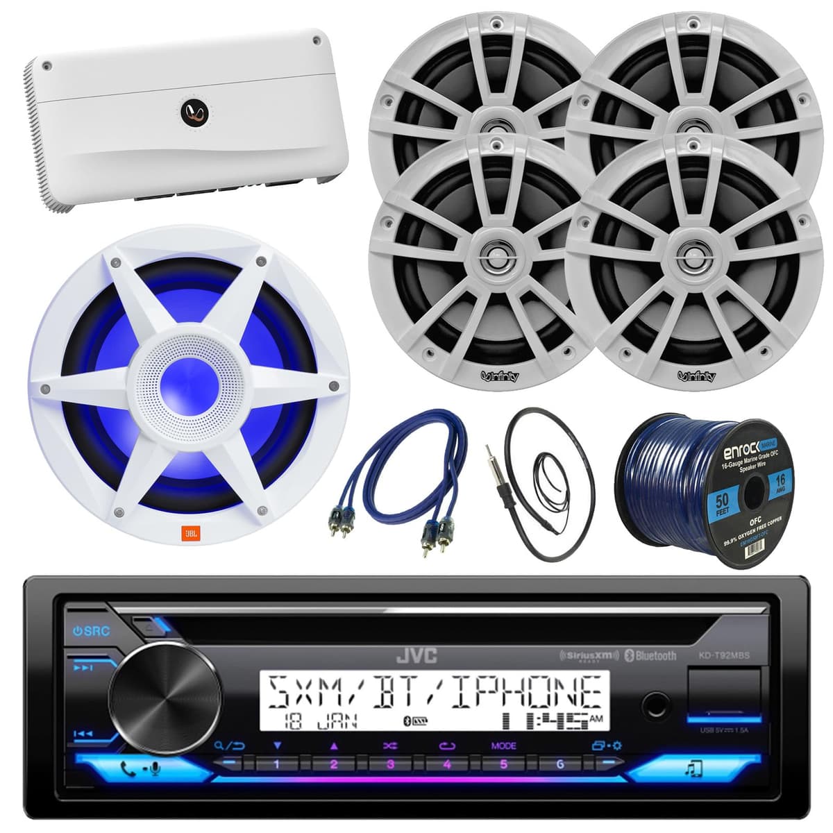 Enrock Marine PAQUETE DE SISTEMA DE SONIDO PARA EMBARCACIÓN: Receptor marino JVC Bluetooth CD Single DIN con amplificador de 5 canales, 4 parlantes blancos de 6.5" 225 W máx., subwoofer LED de 10", cable RCA, cableado, antena KDT-M4555A-4BMS65W