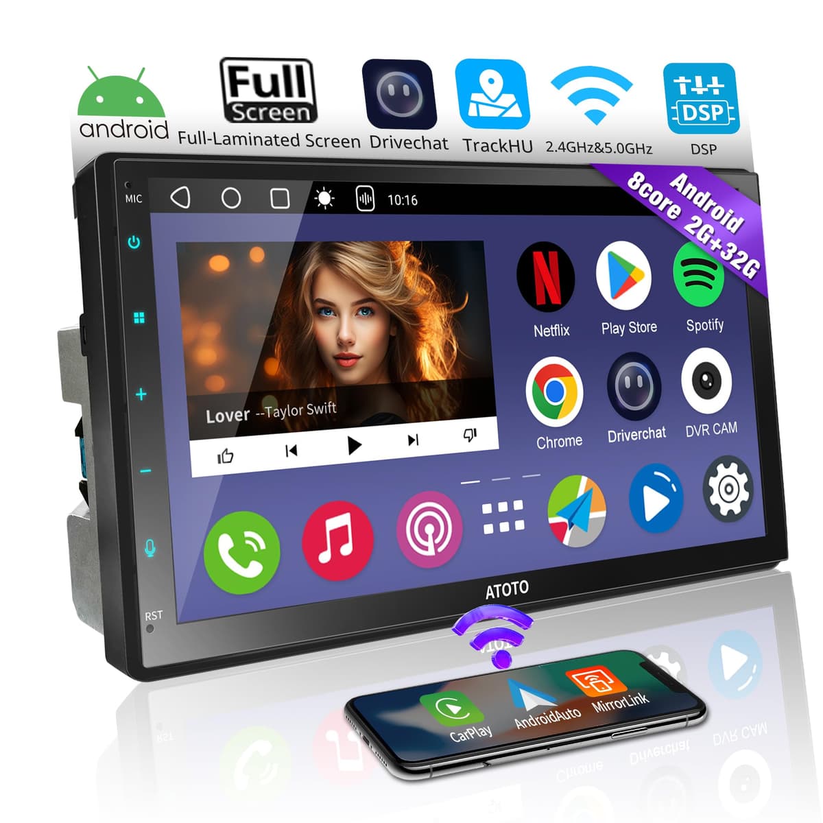 ATOTOEXCEL A6PF Radio para Auto Double DIN con CarPlay y Android Auto Inalámbricos, Pantalla Táctil Completa de 7 pulgadas, Unidad Principal Android 8 Núcleos 2G+32G, Ecualizador de 36 Bandas, WiFi/BT/Compartir USB, Rastreador GPS A6C7PFCAB