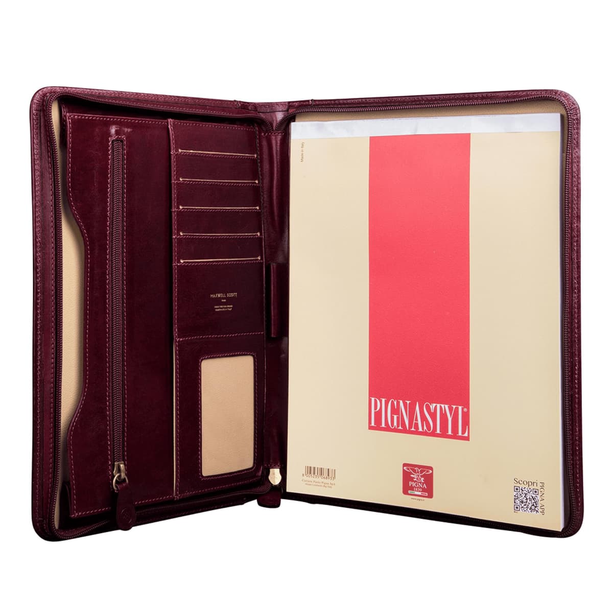 Maxwell Scott - Carpeta de Negocios de Cuero de Lujo Personalizada para Hombre con Cierre - The Dimaro - Rojo Burdeos The Dimaro - Wine