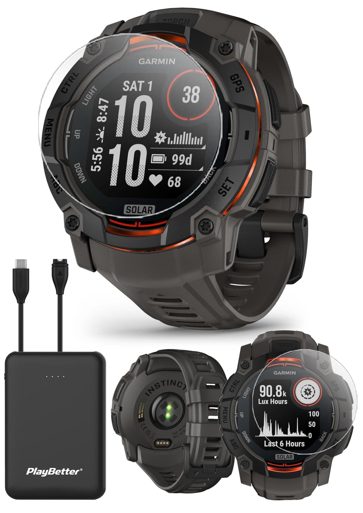 PlayBetter Garmin Instinct 3 Solar 50 mm (Negro/Carbón) Reloj GPS Inteligente Resistente para Exterior - Bisel Metálico, Linterna Integrada, Cargador Portátil de Batería Ilimitada y Protectores de Pantalla HD 010-02935-00 (Watch) | Z05 (Charger)
