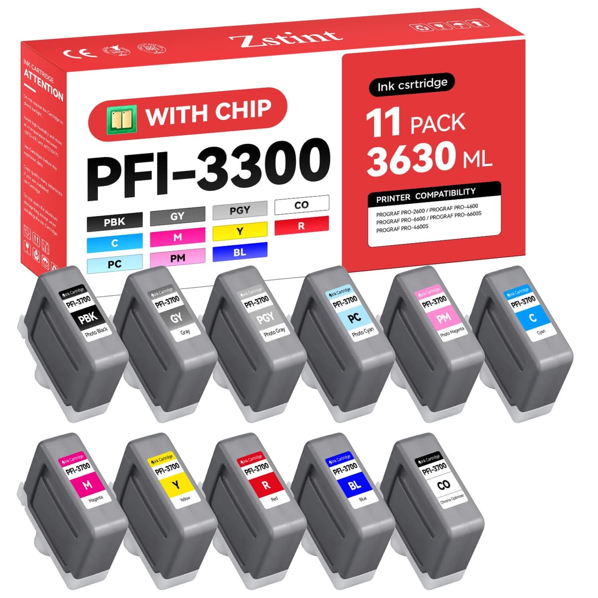 Zstint Set de 11 tanques de tinta pigmentada PFI-3300 330ml compatibles con Canon imagePROGRAF PFI-3300 Ink-11 Pack