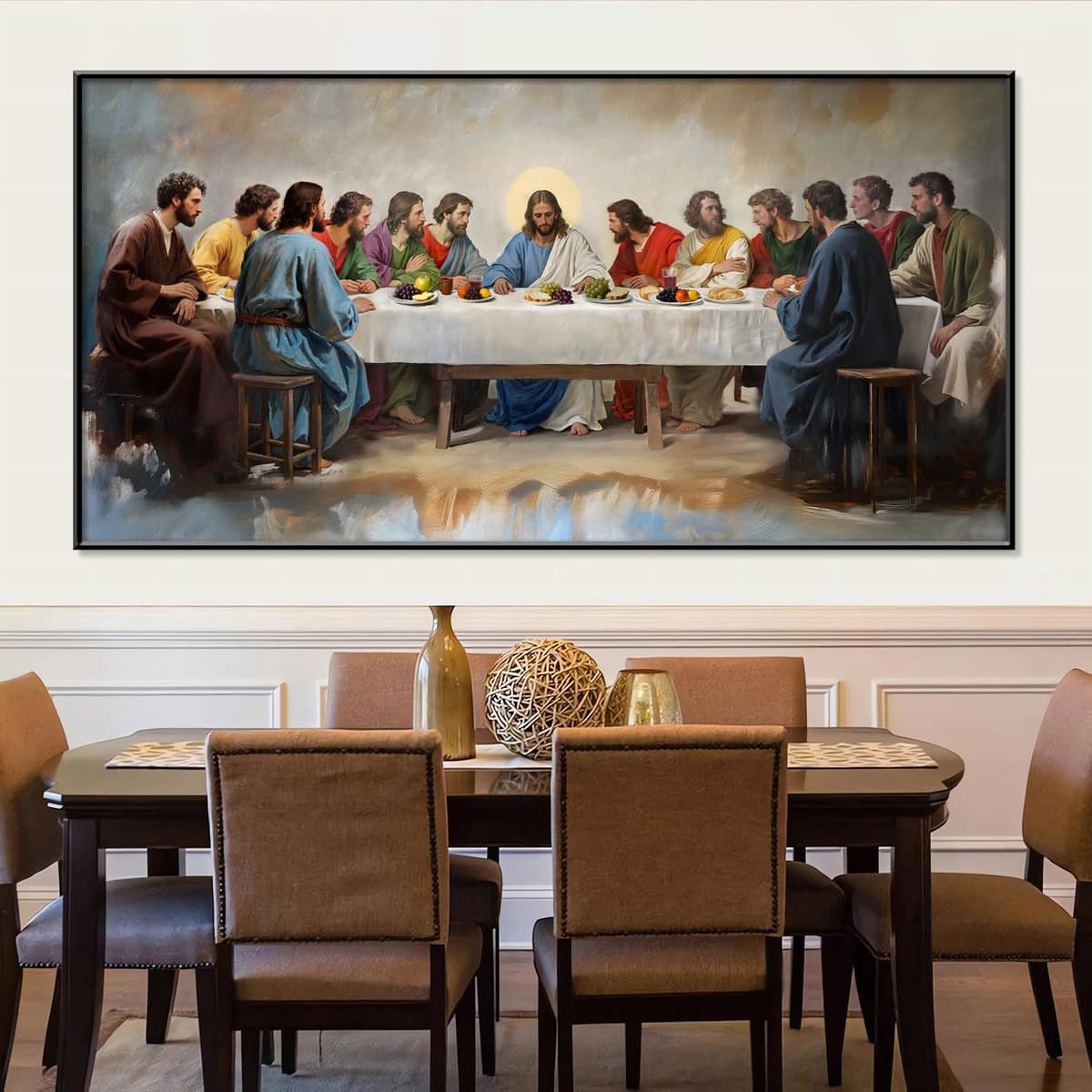 fouholk The Last Supper Canvas Wall Art - Last Supper, blanco y dorado (Black Framed 2, 62L" x 31W") The734992