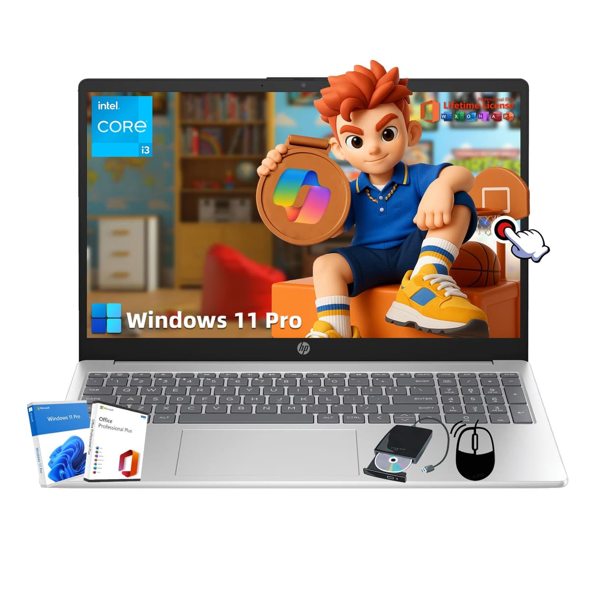 HP Laptop empresarial táctil 15.6" - con Office de por vida y Windows 11 Pro y unidad DVD | Pantalla táctil HD 15.6" 250 nits | Intel i3 1215U | Wi-Fi 6 | 32GB RAM • SSD 1TB HP 15.6 Touchscreen laptop