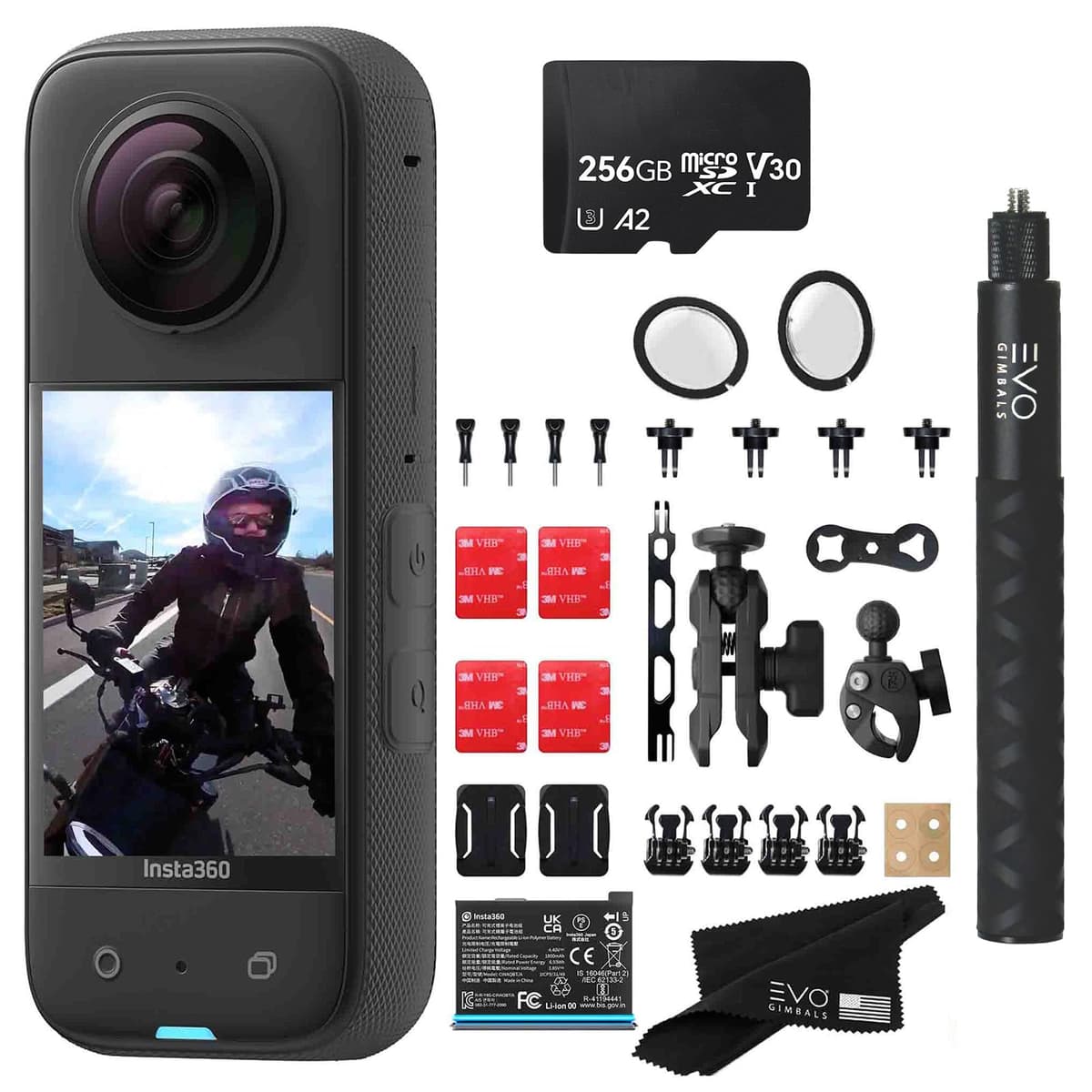 Insta360 X3 Motorcycle Bundle Cámara 360 impermeable con sensores 48MP, 5.7K HDR y accesorios (256GB) CINSAAQ/B_MOTO_SELFIE_LG_256GB