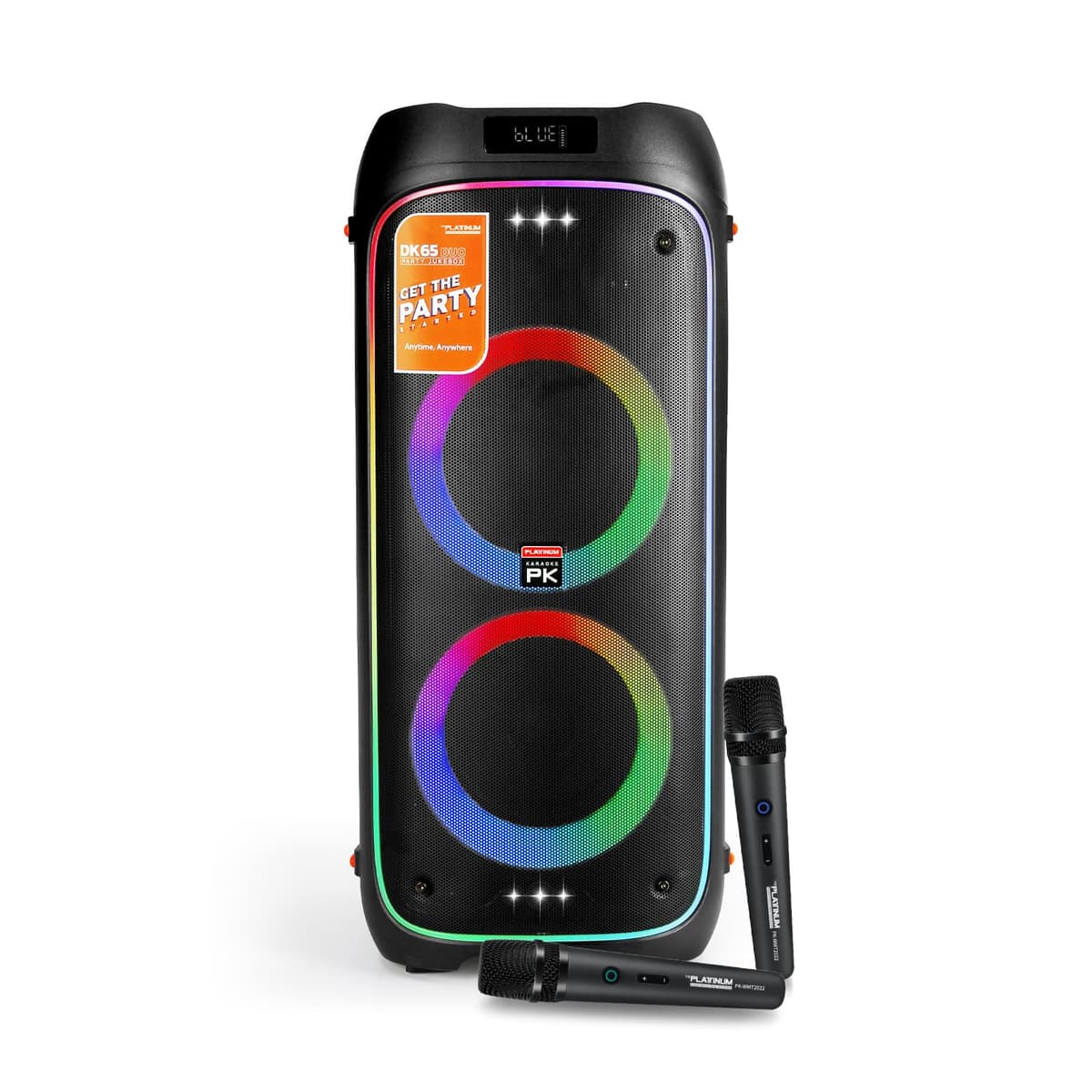 The Platinum DK65 Bocina Bluetooth y Karaoke portátil con 2 micrófonos, subwoofer y luces RGB