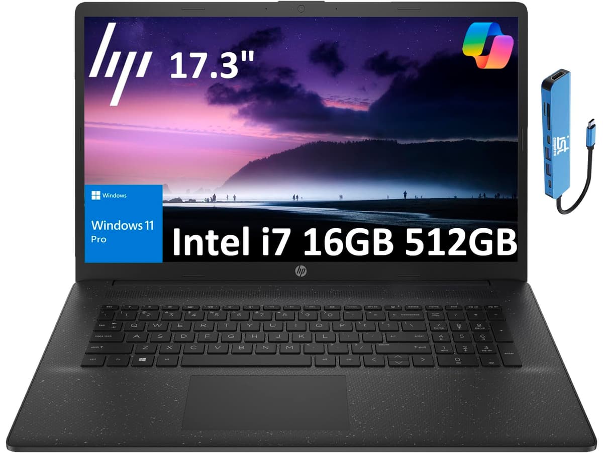 HP 17 Laptop (17.3" HD+ BrightView, Intel 10 núcleos i7-1355U, 16 GB RAM, 512 GB SSD, bisel estrecho) para negocios, empresas, estudiantes, larga duración de batería, cámara web, Wi-Fi 6, conector IST, carga rápida, Windows 11 Pro