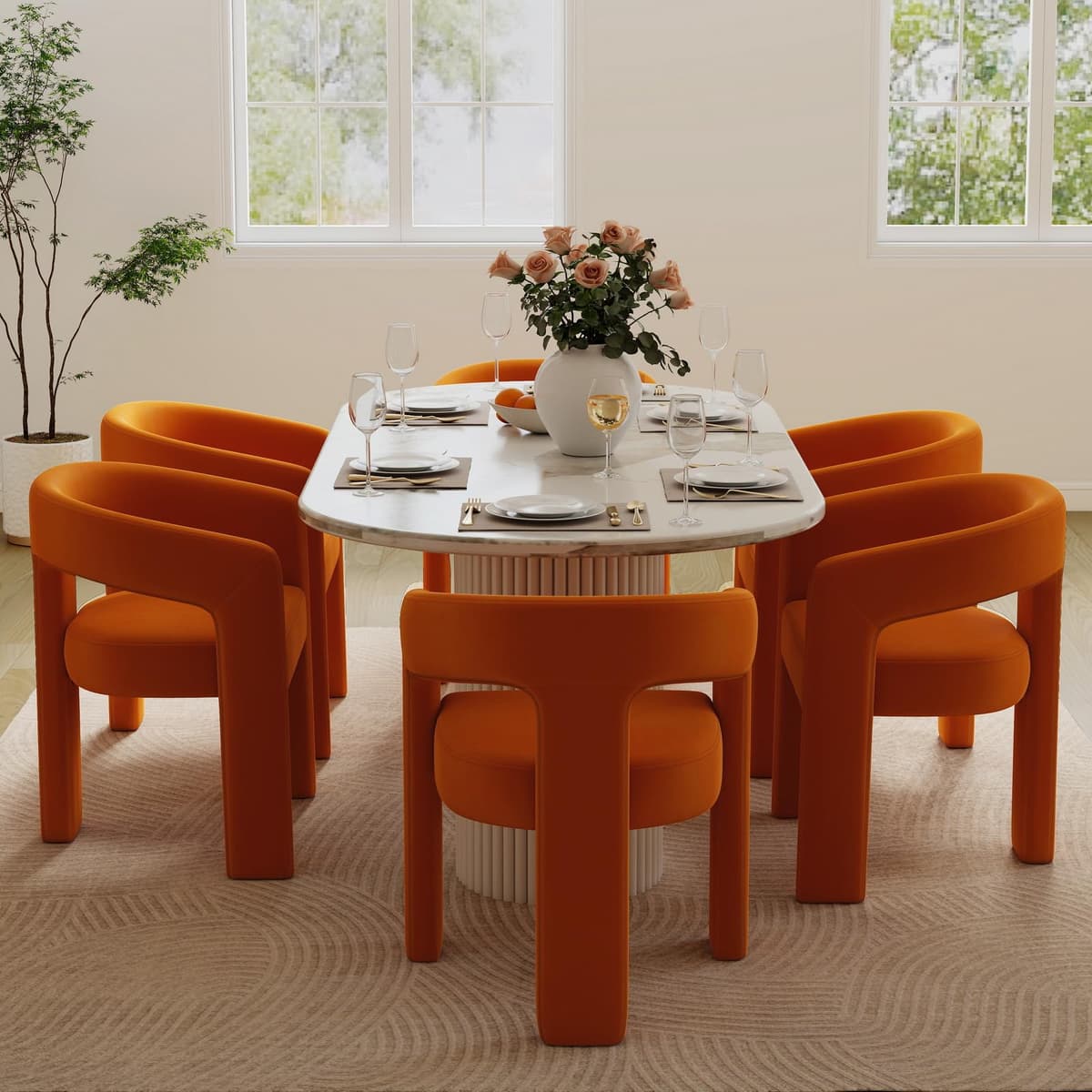 BESTANO Set x6 sillas modernas de terciopelo con respaldo abierto, estilo barril, naranja