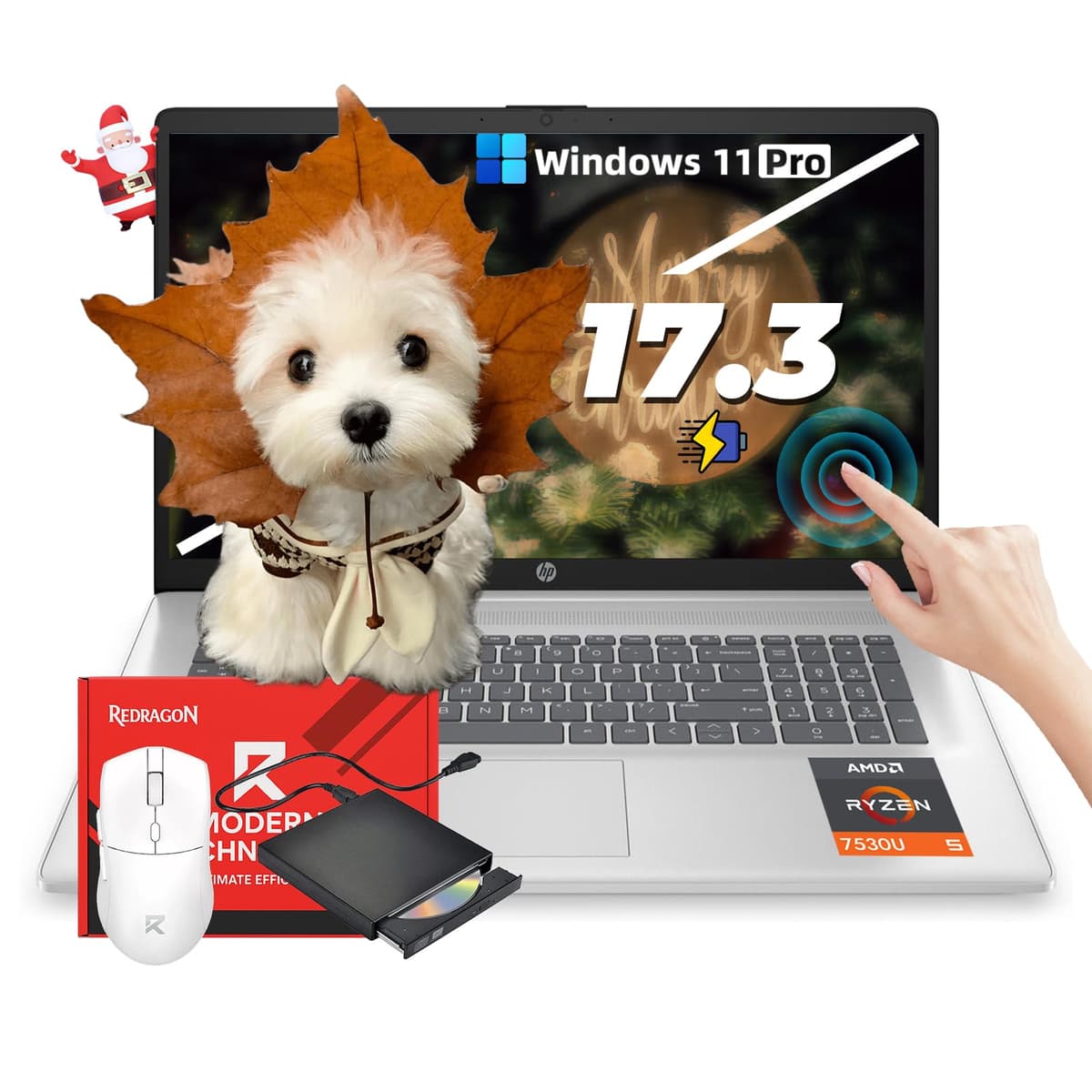 HP portátil táctil insignia de 17,3" - Windows 11 Pro • Copilot con IA • AMD R5-7530U (hasta 4.5 GHz) • Pantalla 17,3" HD+ BrightView • Wi-Fi 6, con accesorios Redragon (64 GB RAM, SSD 2 TB)