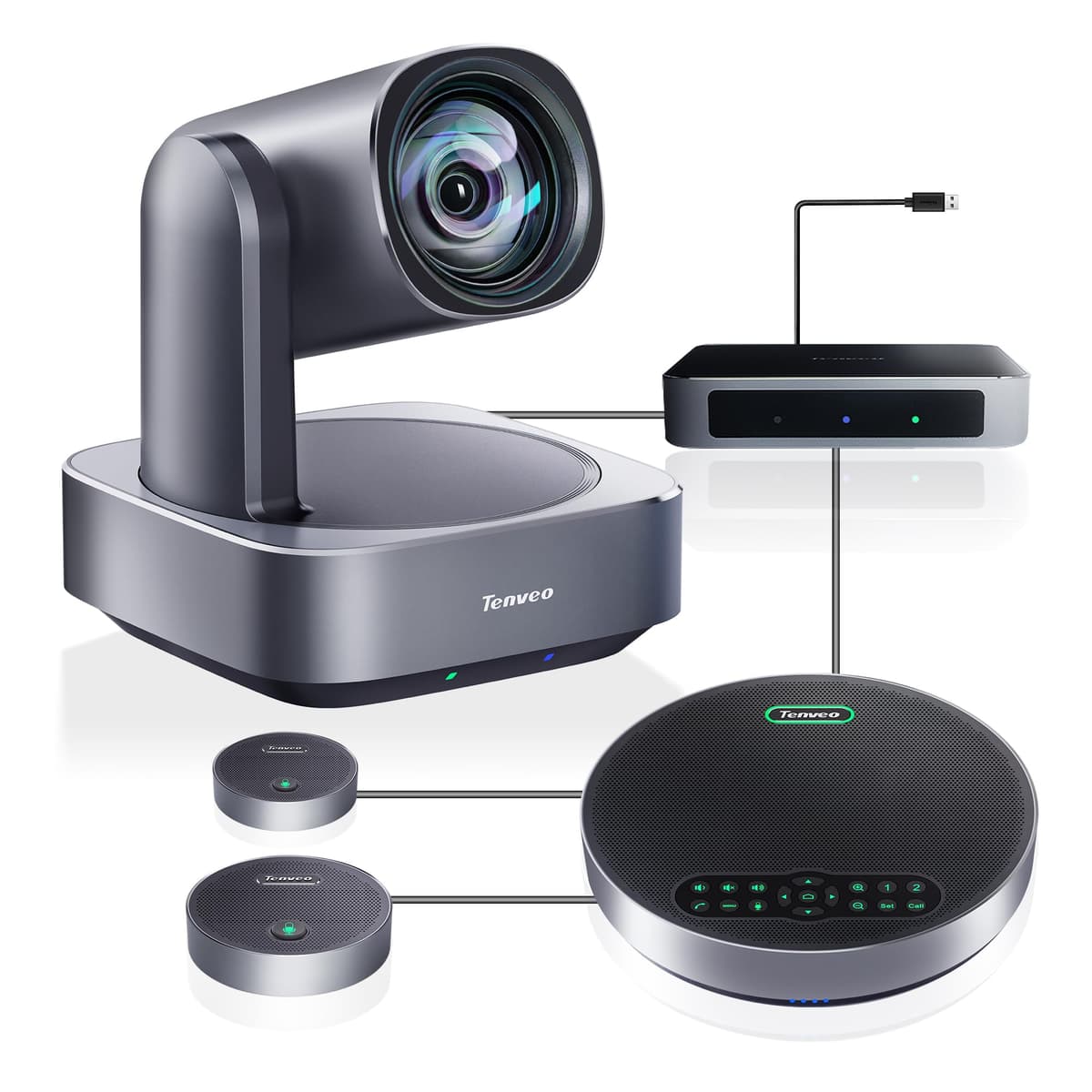 Sistema de Cámara PTZ Tenveo 4K para Salas de Conferencias, Seguimiento Automático por IA, Zoom Óptico 12X, Cámara PTZ USB 3.0/HDMI y Bocina Bluetooth con 2 Micrófonos de Expansión, Gran Angular para Reuniones en Salas Grandes US-VA512Group-EX