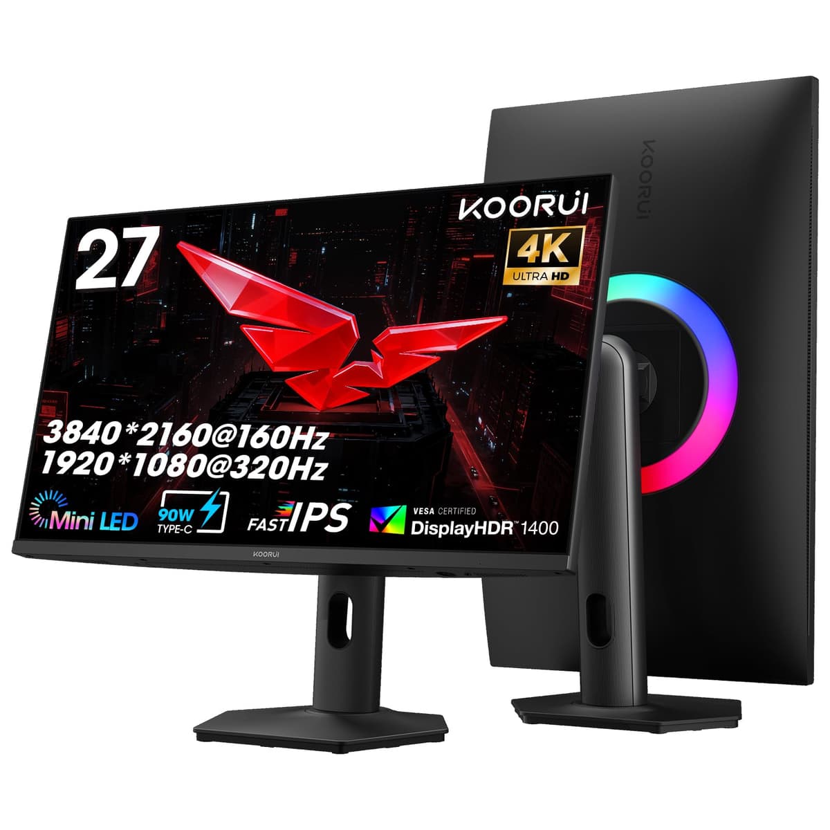 KOORUI 27" 4K QD-Mini LED Gaming Monitor Dual-Mode UHD160Hz/FHD320Hz, HDR1400, 90W USB-C S2741LM