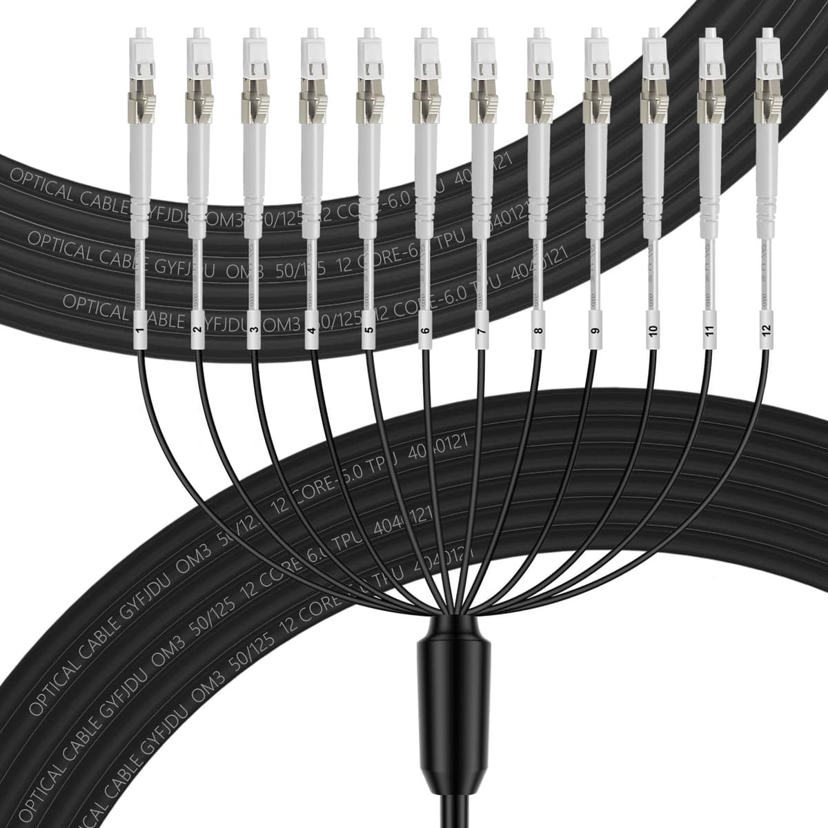 FLYPROFiber- Cable de fibra exterior OM3 LC a LC de 12 núcleos, 12 hilos multimodo, fibra óptica OM3 10GB/40GB, enterrable directo, TPU industrial, 50/125 μm, diámetro 5 mm, 50 m/164 ft OM3-LC-LC-DX-50M-TPU-ODAR-12F-1pack