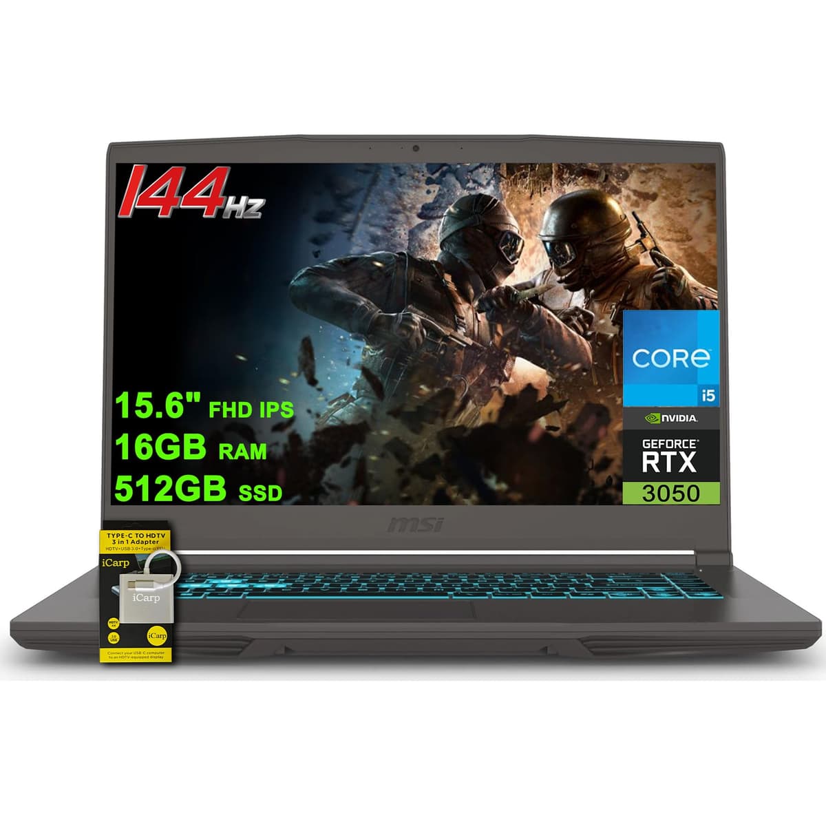 MSI Thin 15 Laptop Gamer 15.6" FHD IPS 144Hz Intel i5-13420H de 8 núcleos (Rinde como i7-11800H) 16GB RAM 512GB SSD NVIDIA GeForce RTX 3050 Teclado Retroiluminado Type-C Win11 ICP Hub
