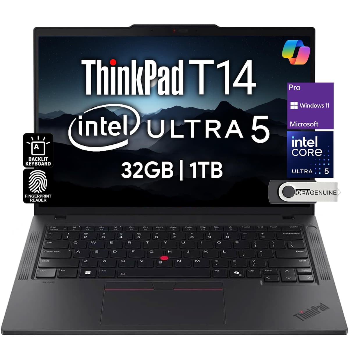 Lenovo ThinkPad T14 Gen 5 Laptop Empresarial 14" FHD+ IPS, Intel Ultra 5 125U, 32GB RAM DDR5, 1TB SSD, Webcam HD 5MP, Lector de huellas, Teclado retroiluminado, Wi-Fi 6E, 2 Thunderbolt 4, PC con IA, Windows 11 Pro, Garantía 3 años