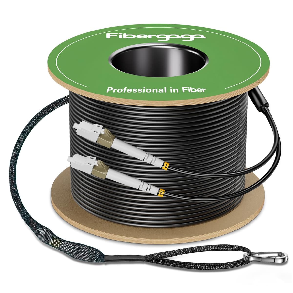 Fibergaga-300M (1000 ft) OM3 LC a LC cable patch de fibra multimodo blindado para exterior y enterrado directo, cordón óptico, jumper doble 10GB/40GB 50/125 µm con kit de ojo de arrastre instalado en un extremo OM3-LC-LC-DX-300M-TPU-ODAR1-S-5mm