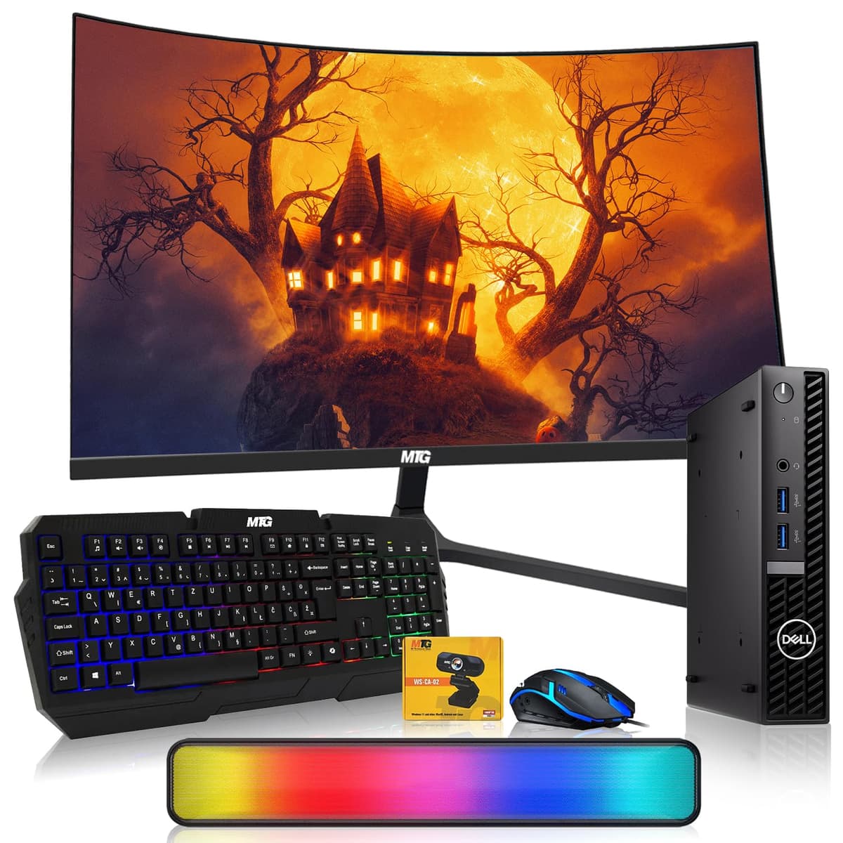 Dell Optiplex Tiny Mini Desktop PC Intel Core i5, 32GB RAM, 1TB SSD con monitor curvo 24" y accesorios RGB (Renewed)