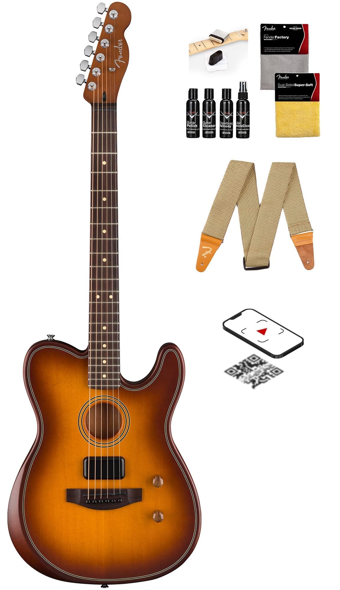 Fender Acoustasonic Standard Telecaster - Honey Burst Bundle con correa, kit de limpieza y video instructivo Austin Bazaar AUS-0973113542-COMBO-DLX
