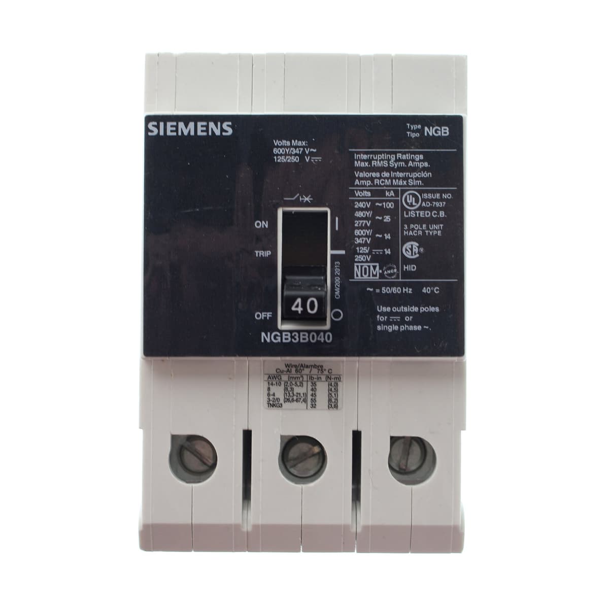 Interruptor SIEMENS NGB3B045B, 3 polos, 45 A, 277/480 V, 25 kA