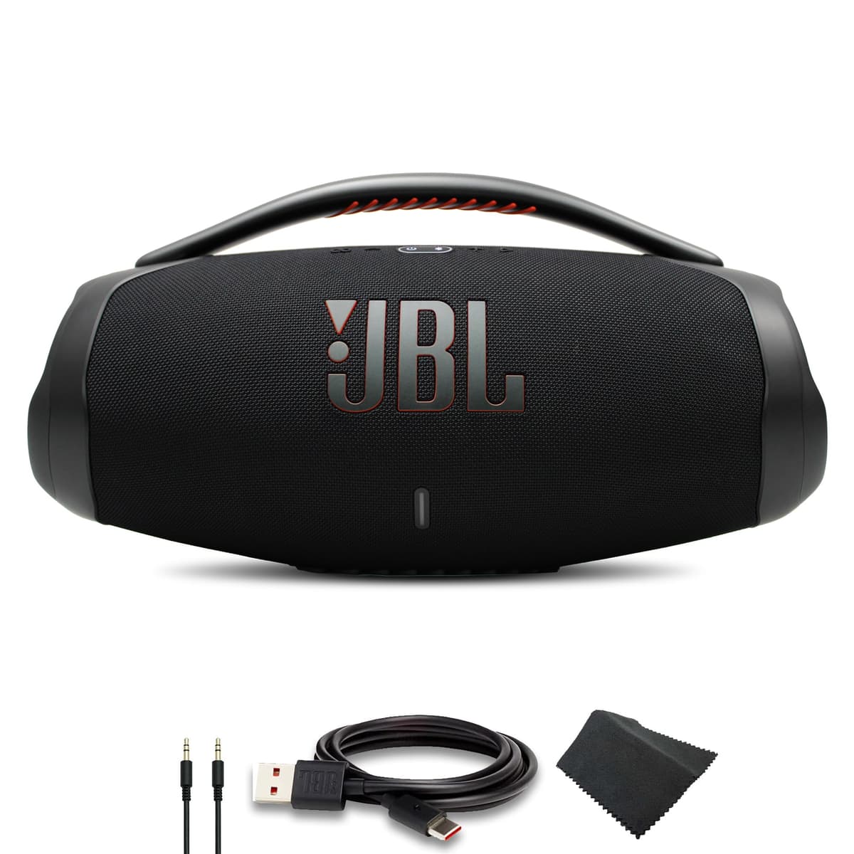 JBL Boombox 3 - Parlante Bluetooth portátil, resistente al agua IPX7, 24 horas de reproducción (Negro) (JBLBOOMBOX3BLKAM) + Cable AUX + Cable USB-C + Paño de microfibra JBLBOOMBOX3BLKAM_EDI_1