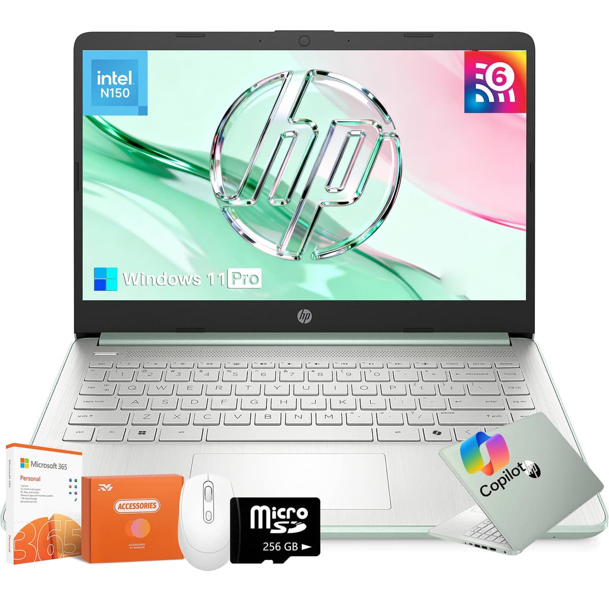 HP 2025 Nueva Laptop de 14 pulgadas para Estudiantes y Negocios, Intel N150 (mejor que N4120), 16GB RAM, 384GB Almacenamiento (128GB eMMC + 256GB SSD), Windows 11 Pro con Copilot AI, Wi-Fi 6,1 Año Microsoft 365, con Accesorios