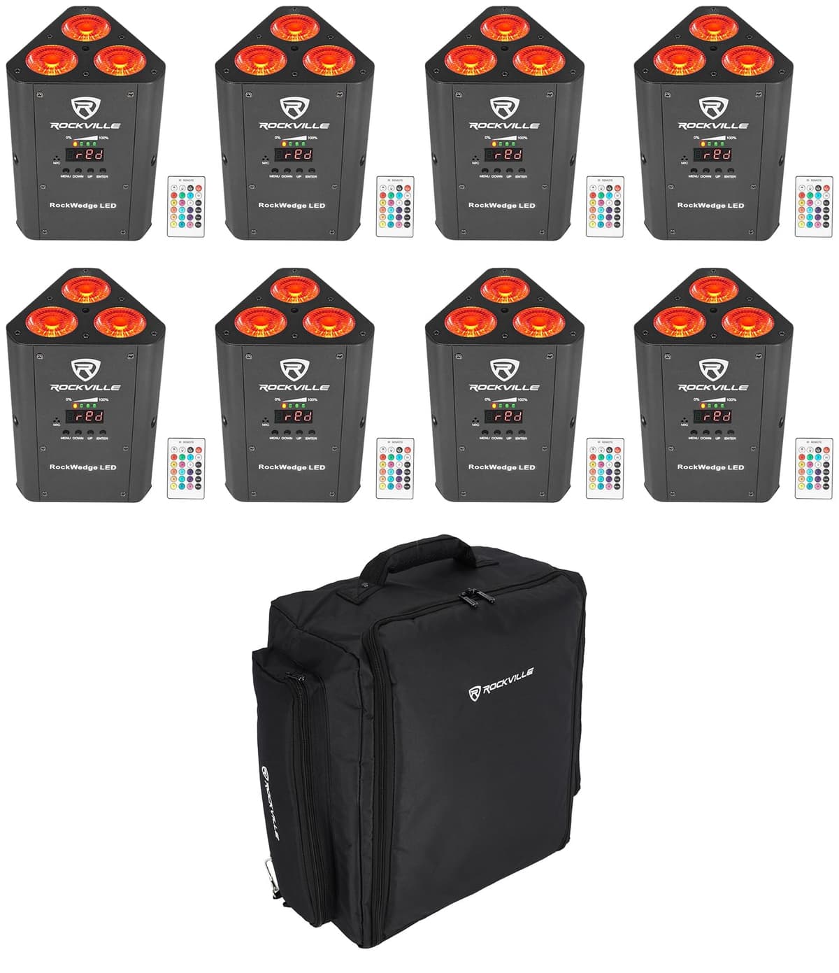 Rockville RockWedge LED 54W RGBWA+UV Recargable con DMX inalámbrico + Mochila para 8 luces (8) RockWedge LED+RLBP8