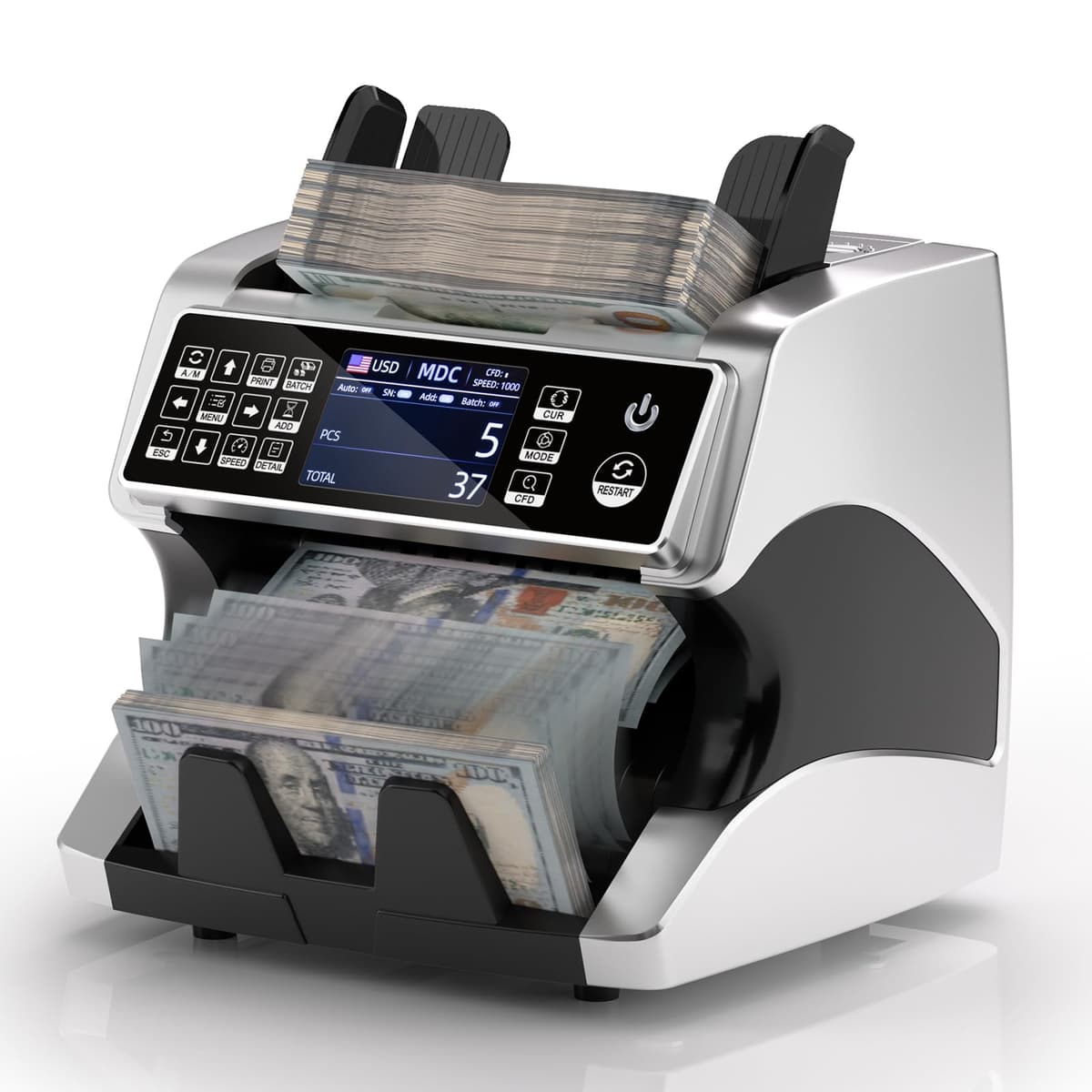 MUNBYN IMC01 Contadora de billetes mixtos con detección avanzada y soporte de impresión (plateado) MU-IMC01-SL-US