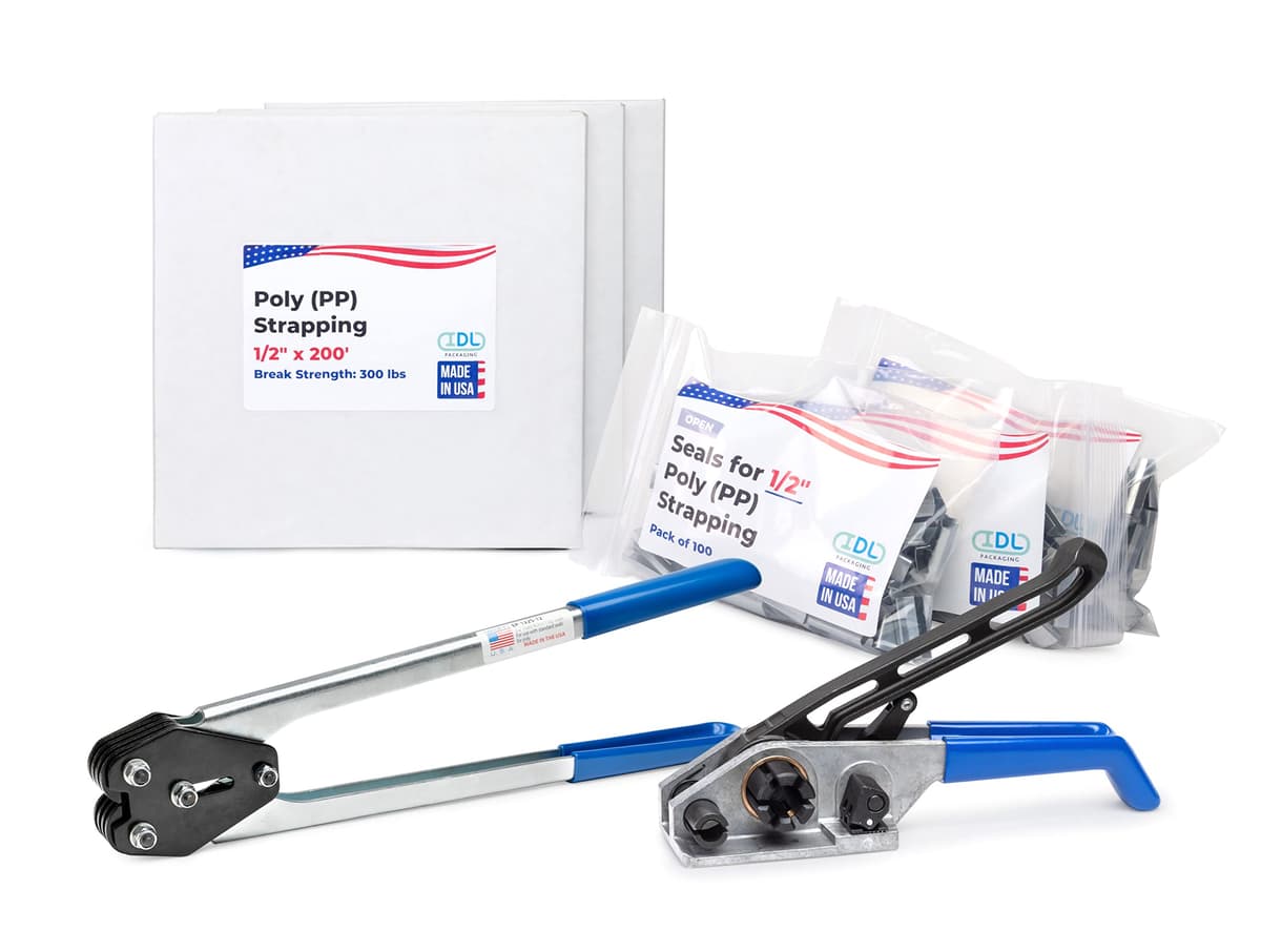 IDL Packaging Kit de flejes PP 1/2" x 600' (300 lbs) - 300 sellos incluidos US-PPSK.300.600