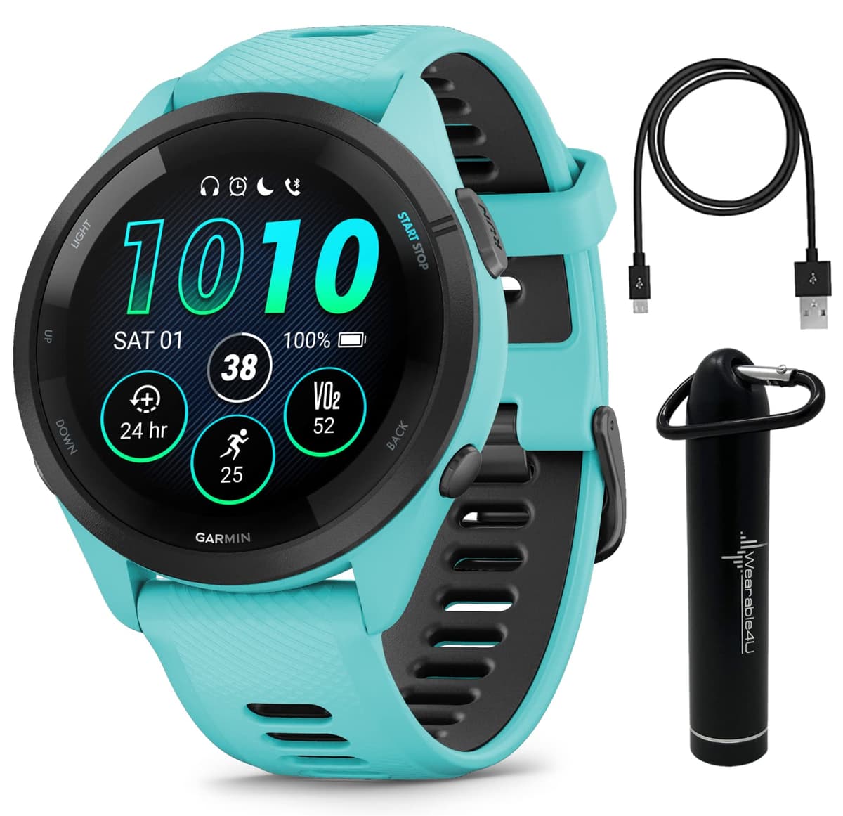 Wearable4U Garmin Forerunner 265 Music GPS Running 46 mm Smartwatch, Aqua con pantalla táctil AMOLED de 1.3 pulg. Paquete E-Bank wa001
