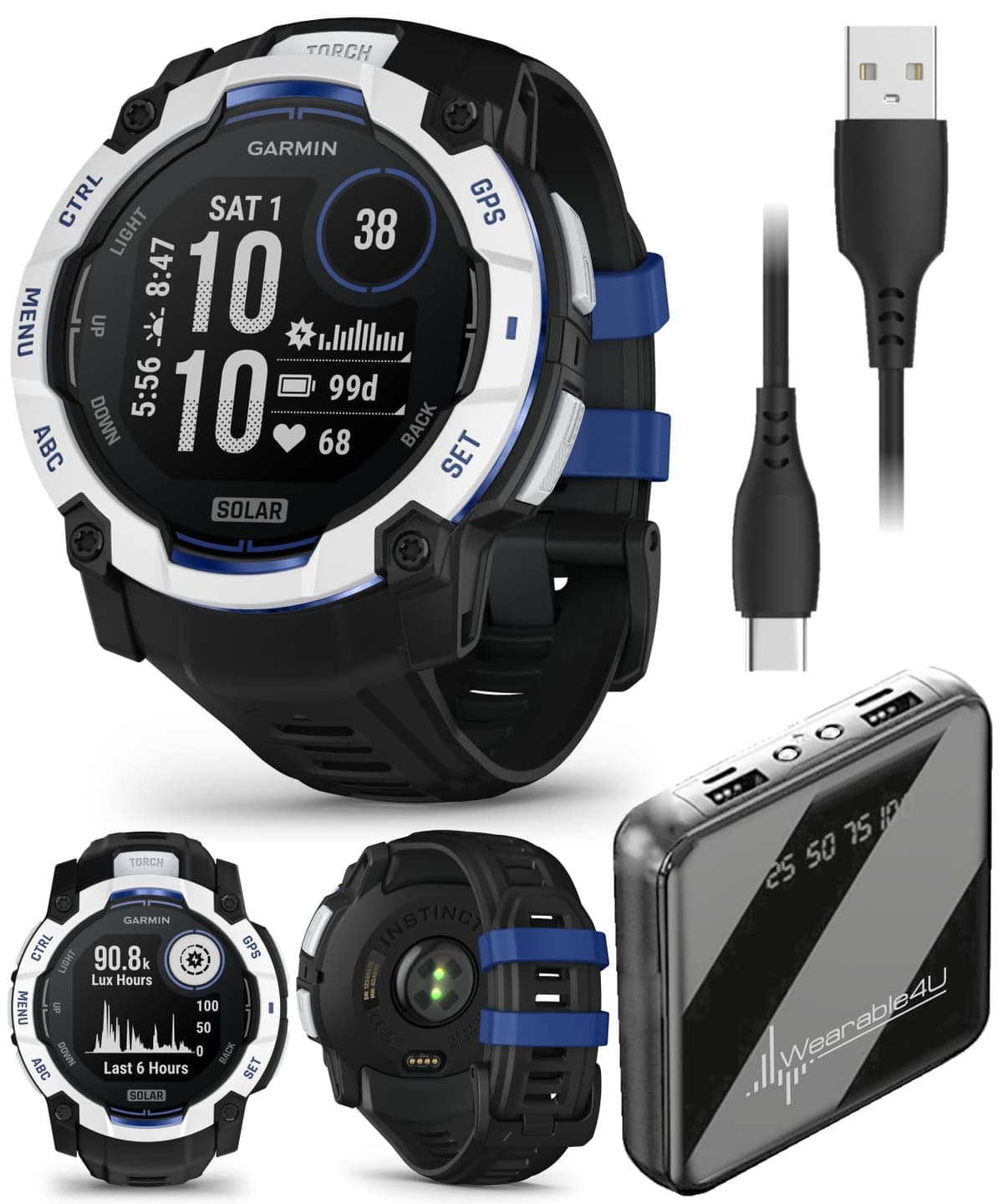 Garmin Instinct 3 Rugged Reloj inteligente GPS para exteriores - 50 mm SOLAR, Colección Supernova, Edición limitada, Seguimiento de salud y estado físico, Linterna integrada, Whitestone/Negro/Azul con paquete Wearable4U PowerBank
