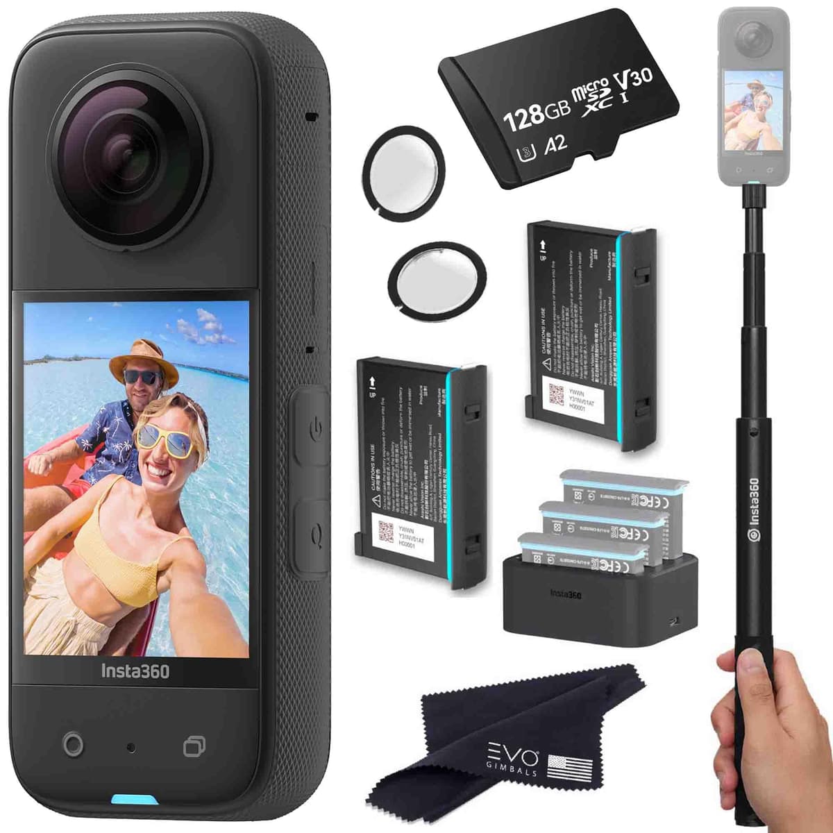 insta360 X3 Cámara 360 Waterproof 5.7K HDR 48MP - Bundle 128GB y 2 Baterías CINSAAQ/B_CHARGER_2-BATT_SELFIE_LG_128GB