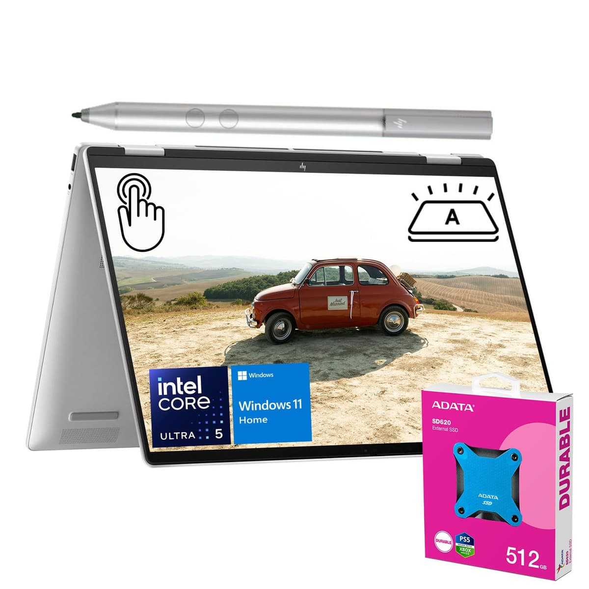 HP Envy X360 16" Ultra 5 AI Convertible 2 en 1, pantalla táctil FHD+ de 16", Intel Ultra 5 125U (mejor que Intel i5-1335U), 16 GB RAM, SSD 1 TB, Windows 11 Home, lápiz óptico, paquete con SSD externo ADATA 512 GB TPN-C147
