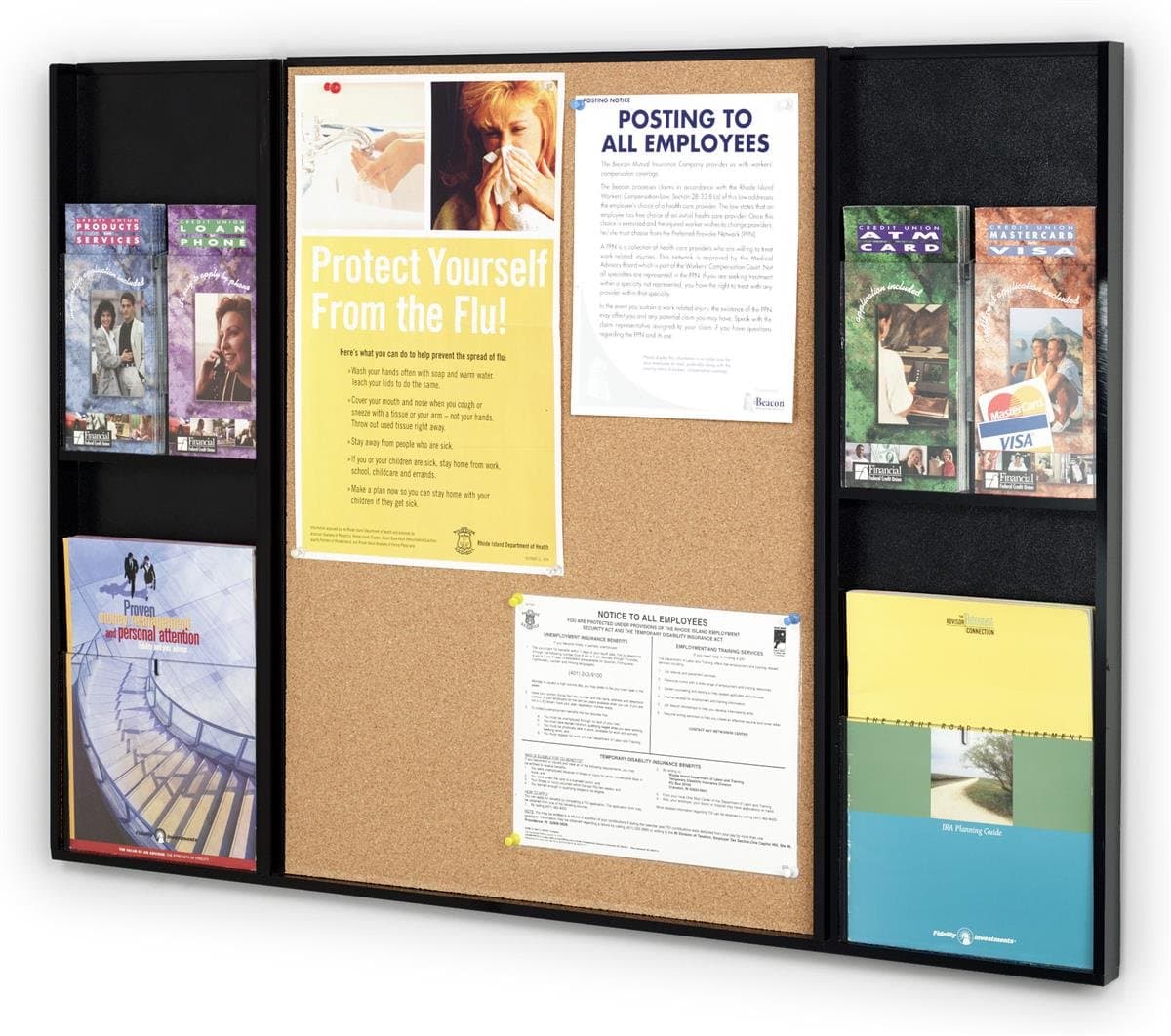 Displays2go Panel combinado: corcho y revistero mural con 4 bolsillos y divisores ICCB2228
