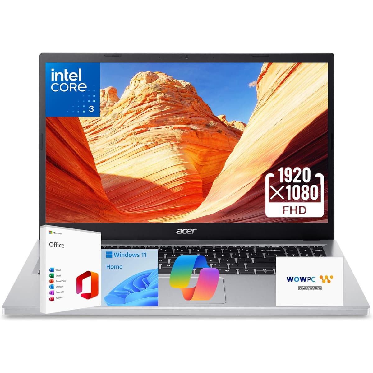 acer Aspire Go 15 Laptop • Pantalla Full HD de 15.6” • Intel Core i3 N355 de próxima generación (8 núcleos, hasta 3.9 GHz) • Tecla Copilot AI • Microsoft Office • HDMI • Windows 11 Home • WOWPC USB (16 GB RAM | SSD de 256 GB)