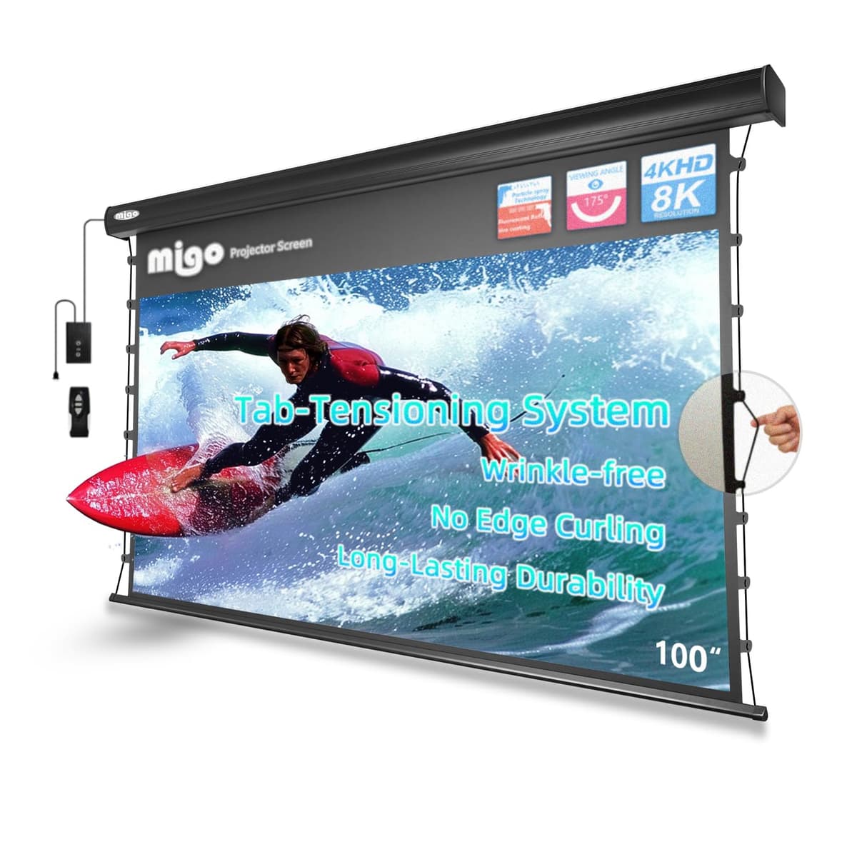 MIGO Pantalla motorizada 100" Tab-Tension Grey Crystal 4K con control remoto y carcasa negra MIGO-TAB-ALR-GREY-169-100-B-FBA0322