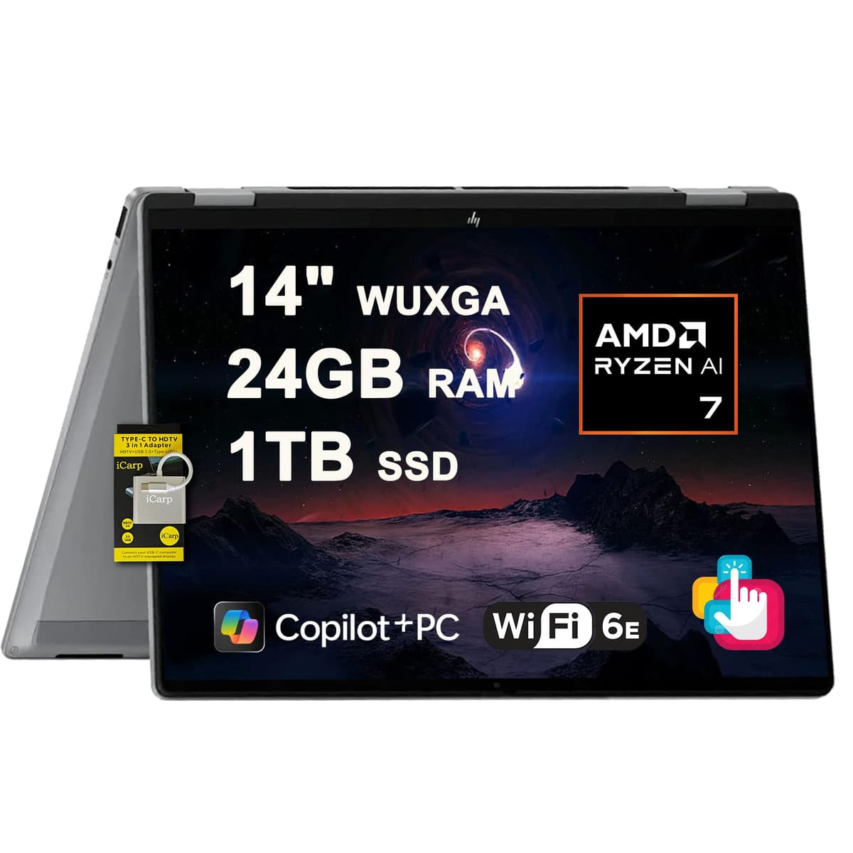 HP OmniBook X Flip 2 en 1 Laptop 14" WUXGA IPS táctil (400 nits) AMD Ryzen AI 7 350 de 8 núcleos (hasta 50 TOPS) 24 GB RAM 1 TB SSD para diseño, negocios y uso profesional Win11 ICP Hub/Copilot+ AI PC