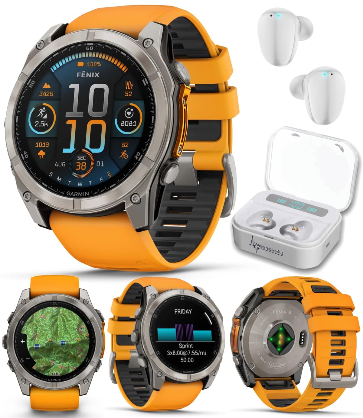 Wearable4U Garmin Fenix 8 51MM AMOLED Sapphire Titanium con Spark Orange/Graphite - Bundle con audífonos blancos TWS X7-1