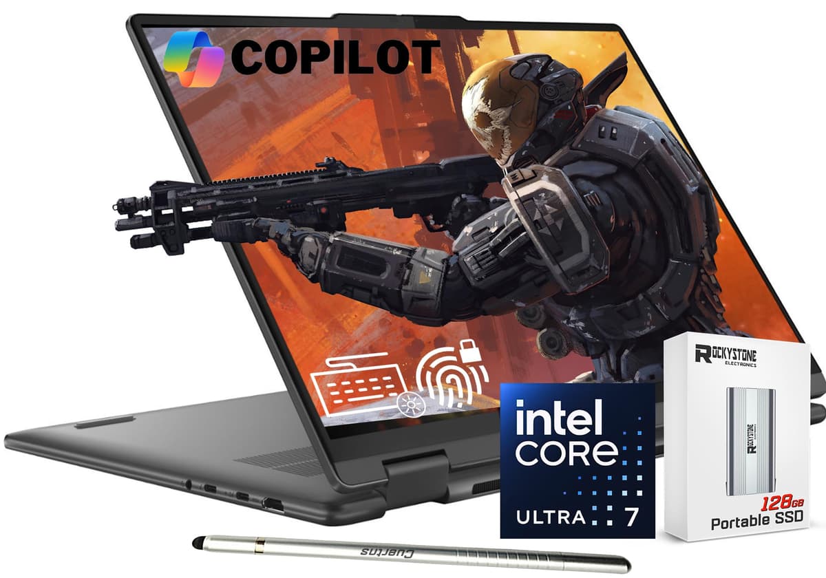 Lenovo Yoga 7i 2 en 1 AI 2024, 16" WUXGA táctil, Intel Ultra 7 155U de 12 núcleos (mejor que i7-1355U), 16GB LPDDR5X RAM, 1TB SSD, teclado retroiluminado, lector de huellas, cámara IR FHD, AI Copilot, Windows 11 Home, con SSD portátil y lápiz táctil