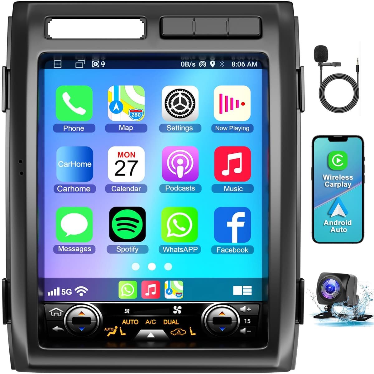 electrosmart Para Ford F150 2009 2010 2011 2012 Radio Android 14 para Auto 8 núcleos, Pantalla Táctil IPS de 12.1 pulgadas con CarPlay/Android Auto inalámbricos, GPS, WiFi, Bluetooth, FM, DVR Electrosmart 2+32
