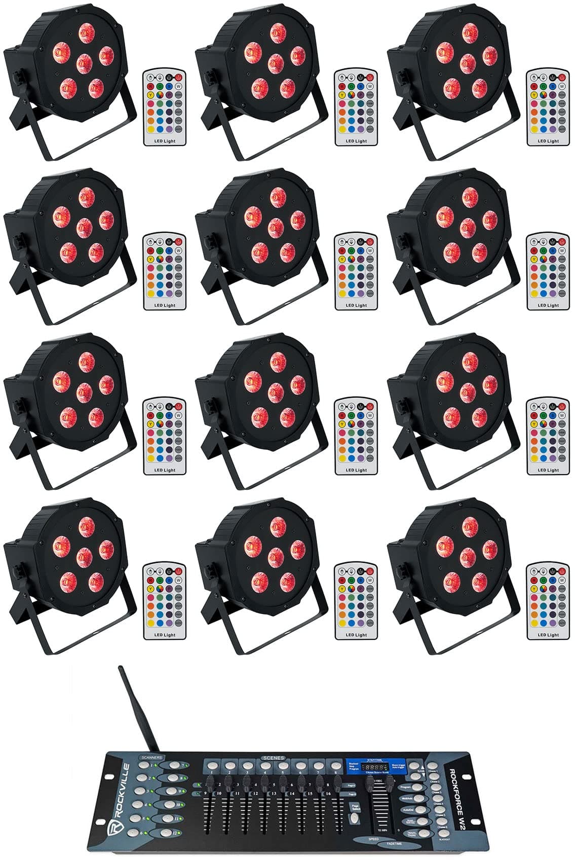 Pack 12 Rockville BATTERY PAR 6RF + ROCKFORCE W2 Controlador DMX Inalámbrico (12) BATTERY PAR 6RF+ROCKFORCE W2