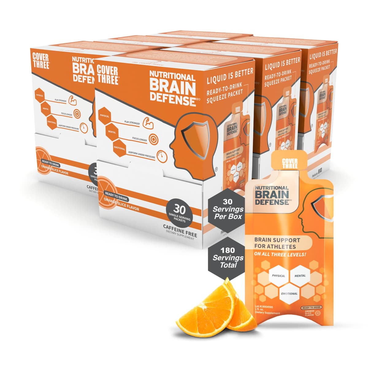 Cover Three Nootropic - Suplemento para enfoque, memoria y recuperación, sabor naranja, 30 ct C3-30-Packx6