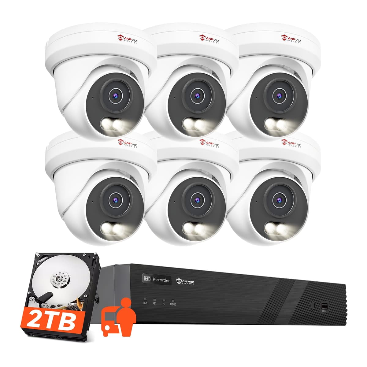 Anpviz Sistema de Cámaras de Seguridad PoE 4K 8CH, 6 Cámaras IP PoE Cableadas de 8MP con Detección Humano/Vehículo, Visión Nocturna Inteligente de Doble Luz a Color, NVR 4K/8MP 8CH con HDD de 2TB para Negocio y Hogar, NDAA IPK3108M3A83-6-2TB