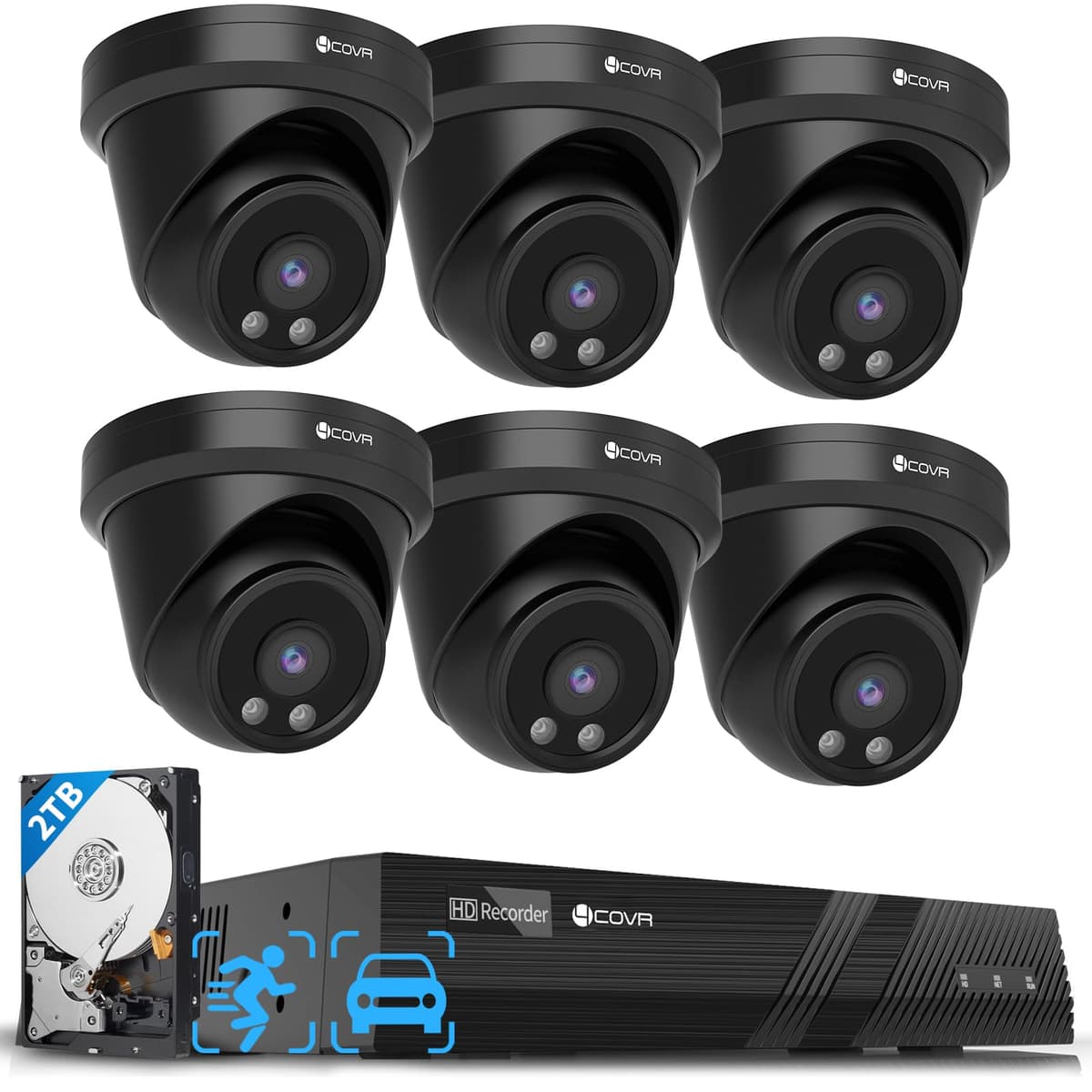 Forcovr Sistema de cámaras de seguridad PoE 4COVR para exterior, detección AI de personas y vehículos, 6 cámaras dome PoE cableadas 5MP comerciales IP67 visión nocturna, NVR 8 canales 4K H.265 2TB HDD, vigilancia doméstica 24/7, LY97AB5M0806